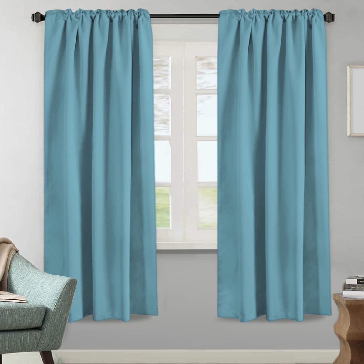 H.Versailtex Blackout Curtains Thermal Insulated Window Treatment Panels Room Darkening Blackout Drapes For Living Room Back Tab/Rod Pocket Bedroom Draperies, 52 X 72 Inch, Aqua, 2 Panels