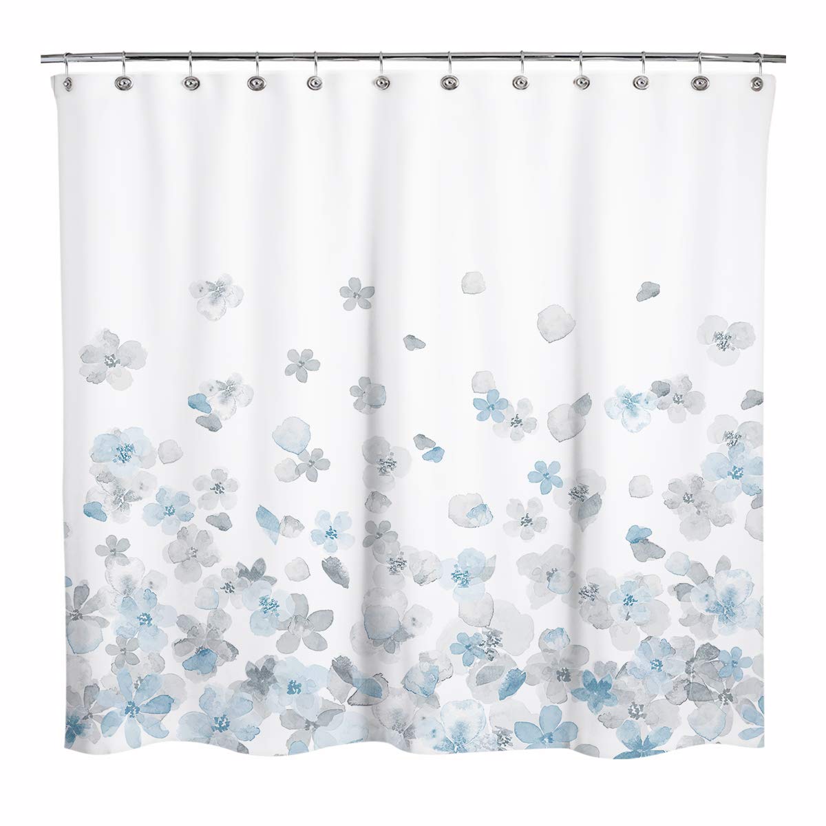 Sunlit Design Simple Style Blue And Gray Flower Blossoms Fabric Shower Curtains For Bathroom Decor With White Background, Machin