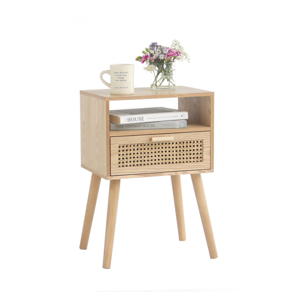 Maxsmeo Modern Nightstand Rattan Side Table With Storage, Farmhouse End Table For Living Room, Bedroom And Small Spaces, Accent Bedside Tables With Solid Wood Legs, Easy Assembly (Natural Walnut)