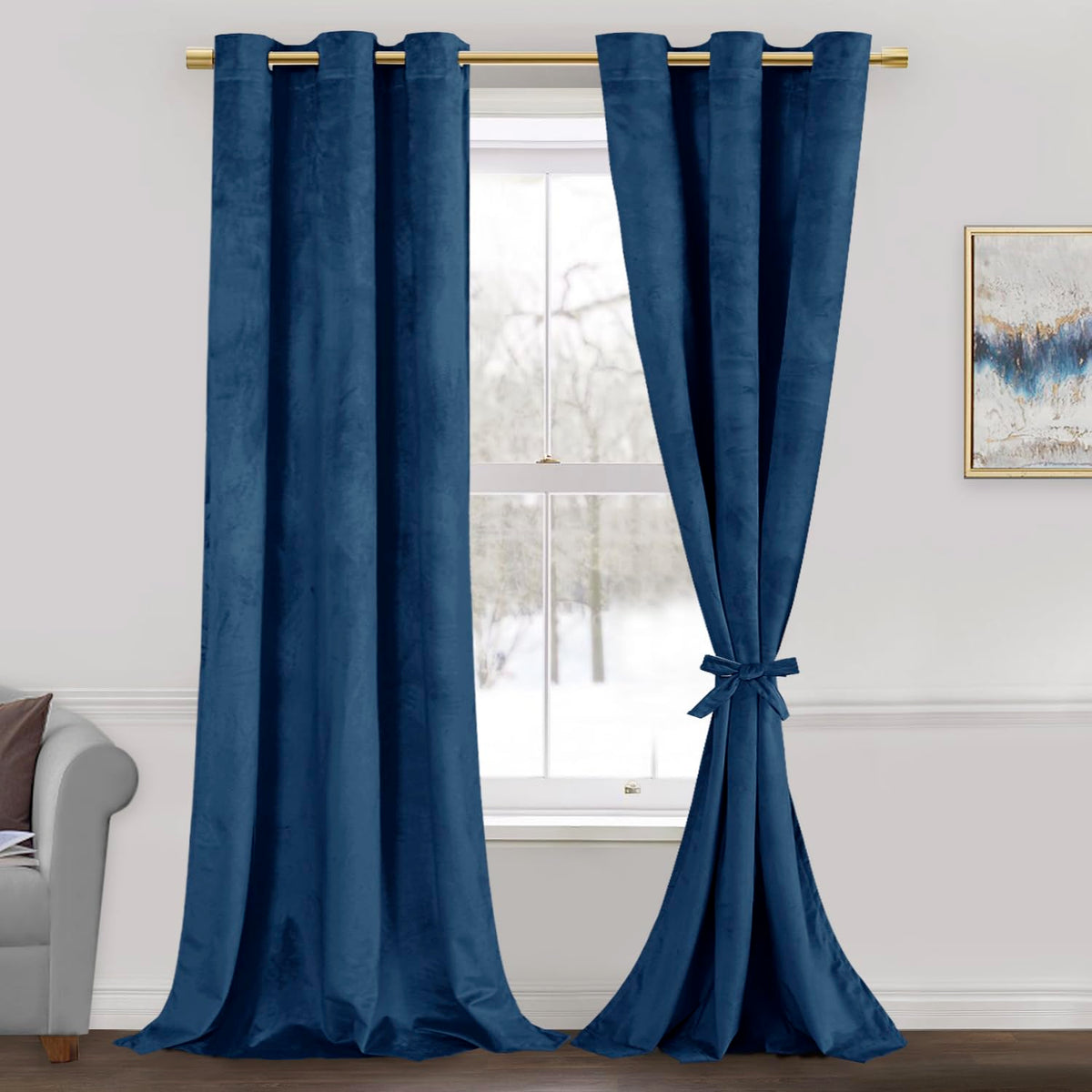 Jiuzhen Navy Velvet Curtains 96 Inches For Living Room - Thermal Insualted Room Darkening Grommet Thick Velvet Window Drapes For