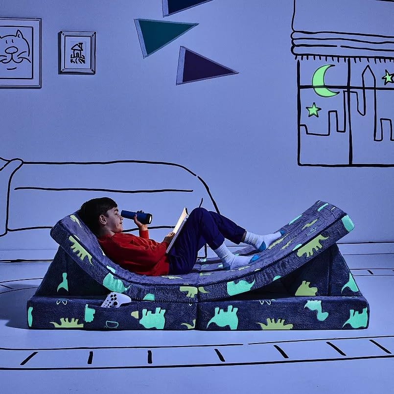 YOURIGAMI Kids and Toddler Play Couch, Convertible Folding Sofa, Durable Foam Modular Design, Glow in The Dark Dinosaur