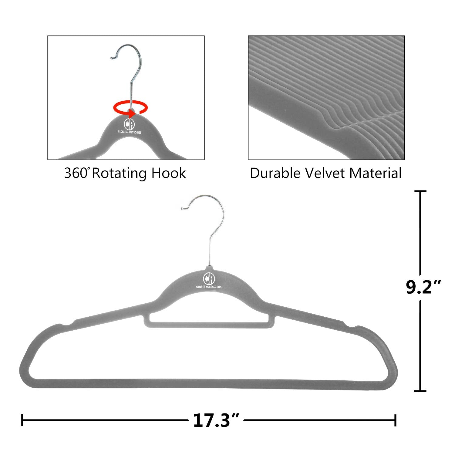 Closet Accessories 50 Pack Velvet Hangers Study Heavy Duty Hangers Including Tie Bar, Notches, And 360 Chrome Hook. (Gray)