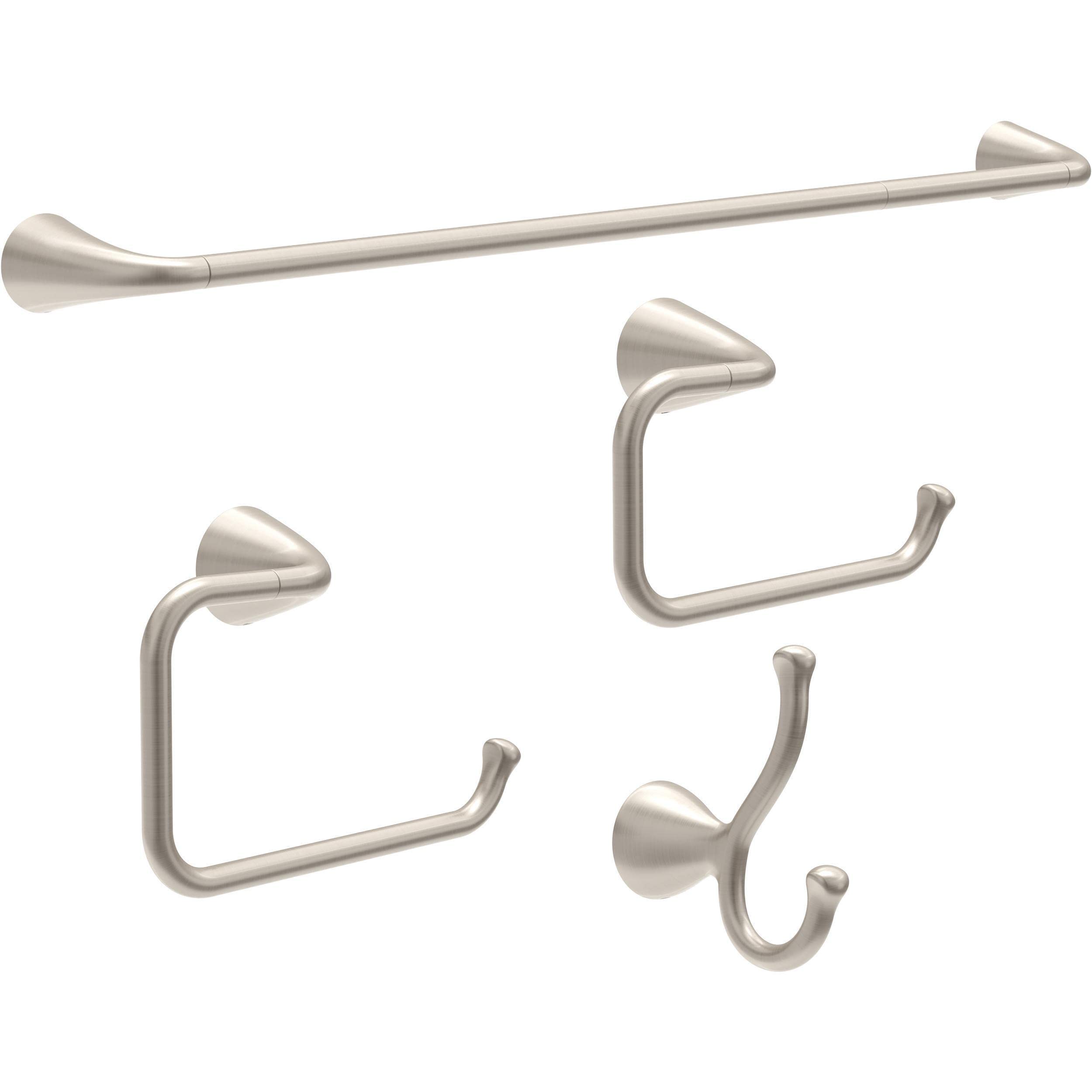 Delta ARV64-DN Arvo 4-Piece Bath Hardware Set 18-in Towel Bar w/ 6-in Extender, Toilet Paper Holder, Towel Ring, Hook, Brushed N