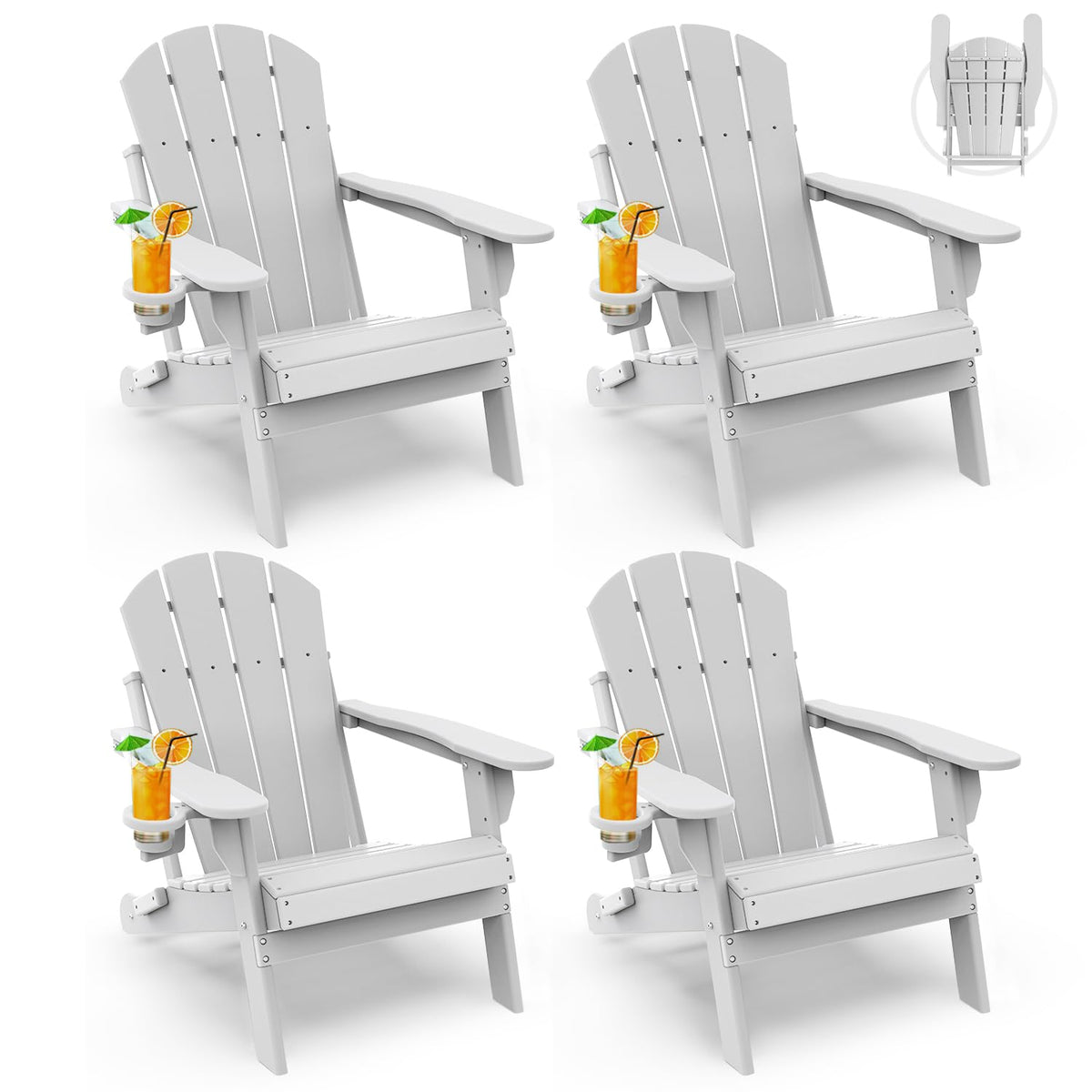 Greenvines Folding-Adirondack-Chairs-Set-Of-4 | Hdpe Plastic | Fire Pit Chair | All Weather | Cup Holder | White | For Deck Backyard Patio Outdoor Garden