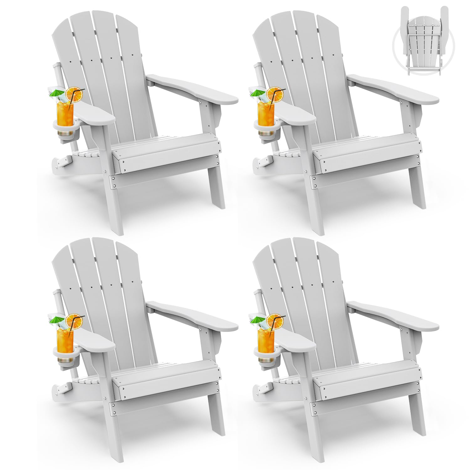 Greenvines Folding-Adirondack-Chairs-Set-Of-4 | Hdpe Plastic | Fire Pit Chair | All Weather | Cup Holder | White | For Deck Backyard Patio Outdoor Garden