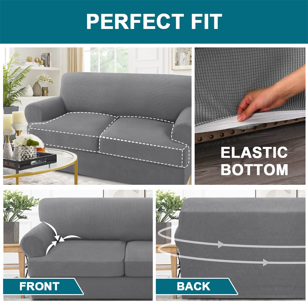 Turquoize 3 Piece T Cushion Loveseat Slipcovers Sofa Cover For 2 Cushion Couch Cover Washable Sofa Slip Cover Furniture Covers With 2 Individual T Cushion Seat Covers (2 Cushion Loveseat, Dove)