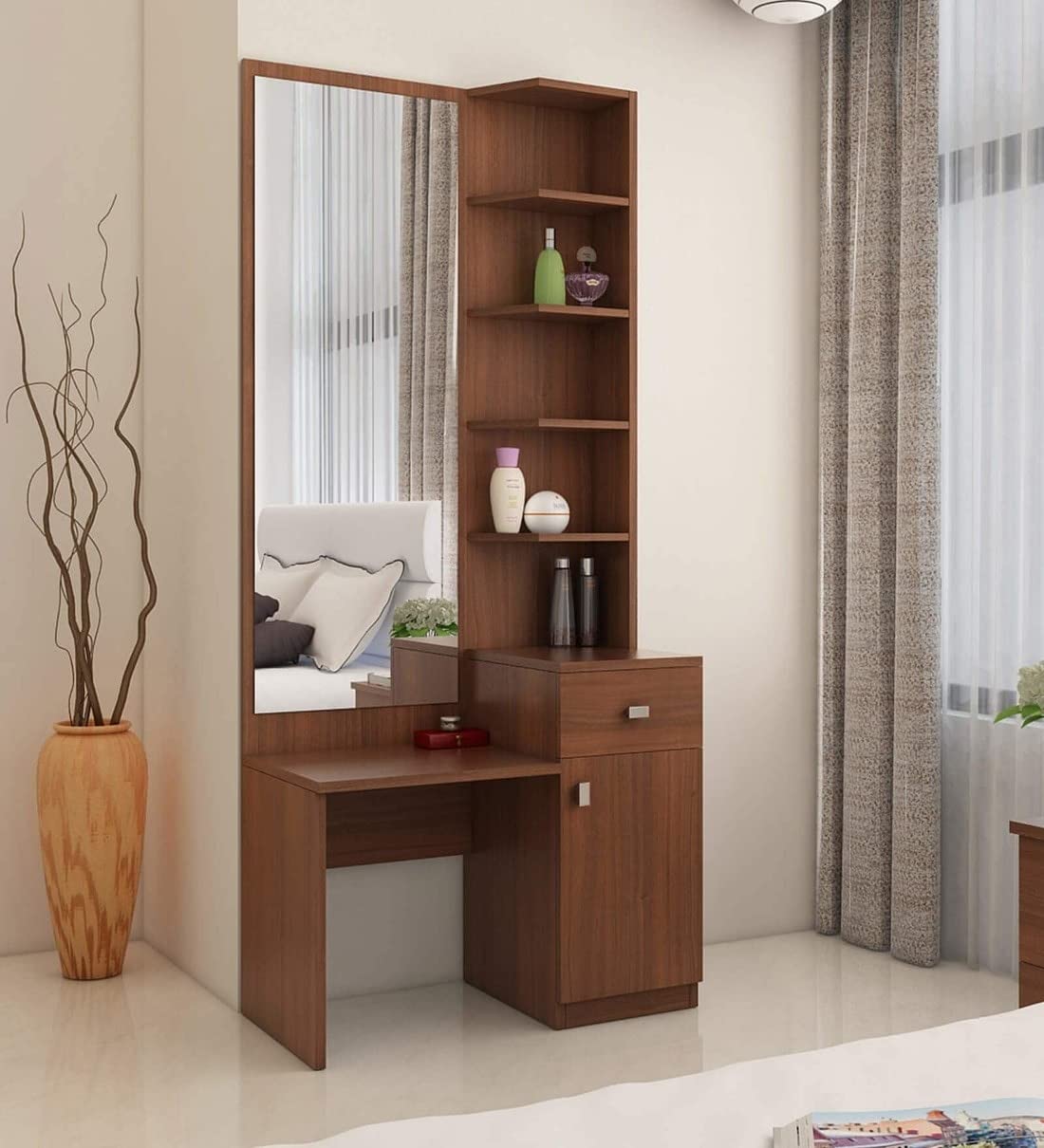 Mamta Decoration Engineered Wood Dressing Table Mirror With Storage Shelves For Living Room Bedroom Wooden Vanity Table (Classic