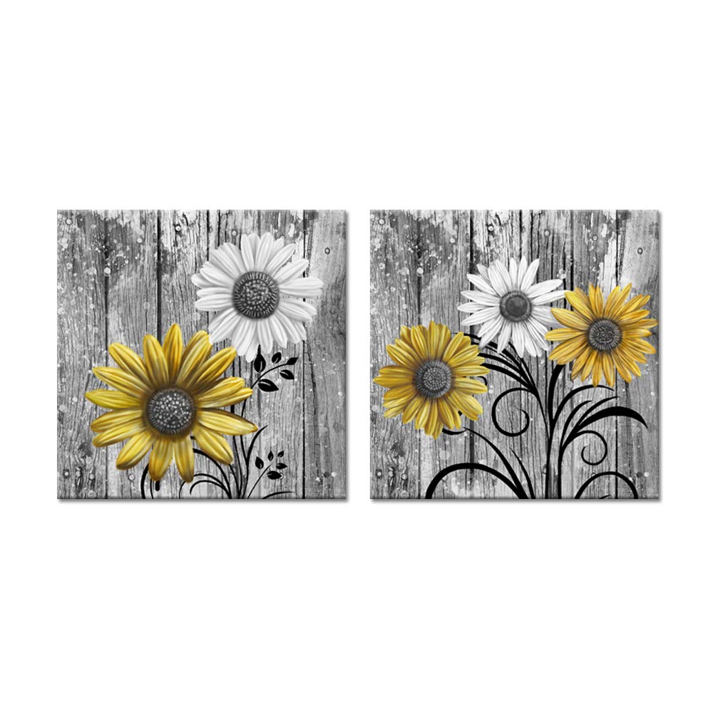 iHAPPYWALL 2 Pieces Rustic Daisy Flowers Bathroom Picture Wall Decor Yellow and Grey Artwork for Bedroom Living Room Farmhouse D