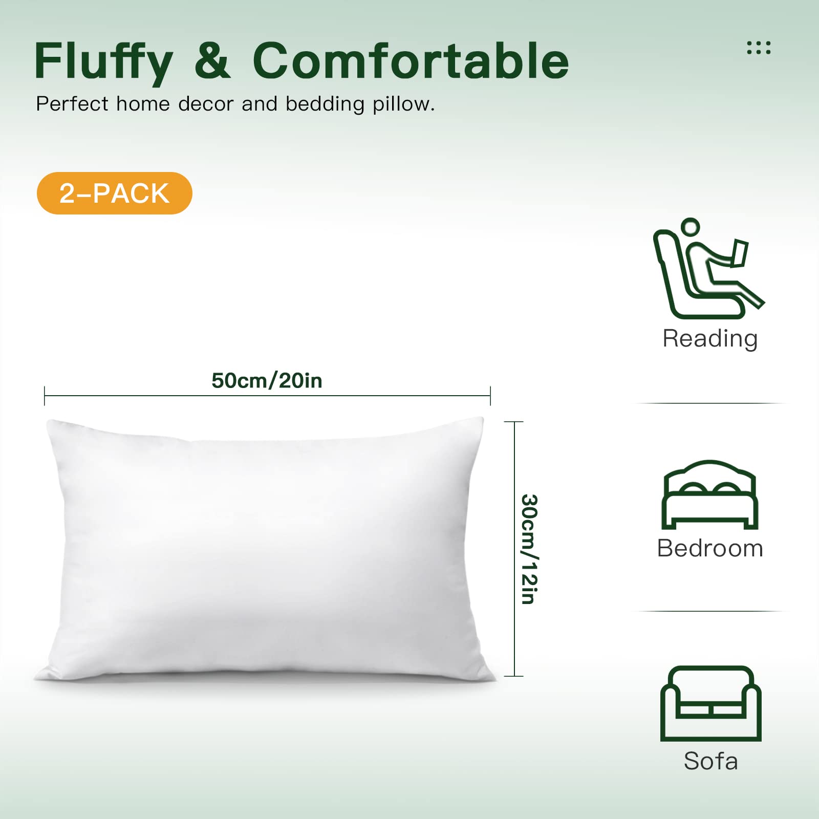 Otostar Pack Of 2 Throw Pillow Inserts, 12 X 20 Cushion Inner Soft Fluffy Plump Stuffer Cushion Pads White Decorative Pillow Inserts