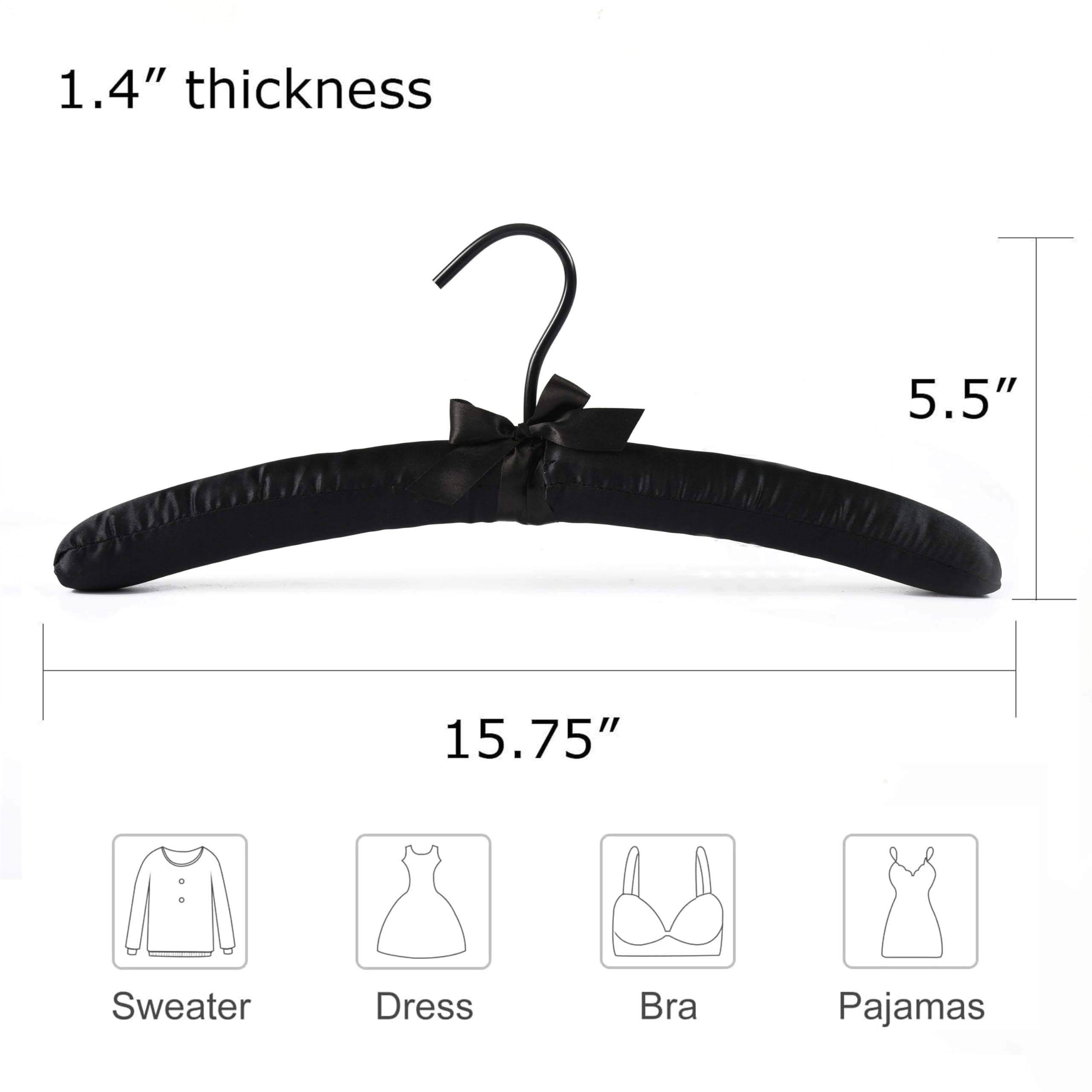 Better To U Black Satin Padded Sweater Hangers 5 Pack, Blouse Hanger With Thick & Soft Foam For Bridal Wedding Dress Lingerie, S