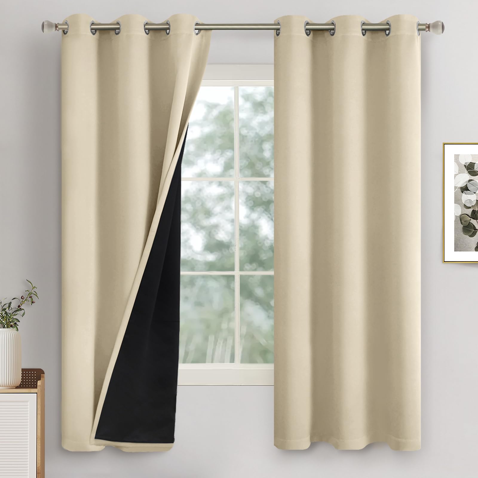 Quemas Beige Blackout Curtains For Bedroom 63 Inch Length 2 Panels Set, Thermal Insulated 100% Light Blocking Soundproof Grommet