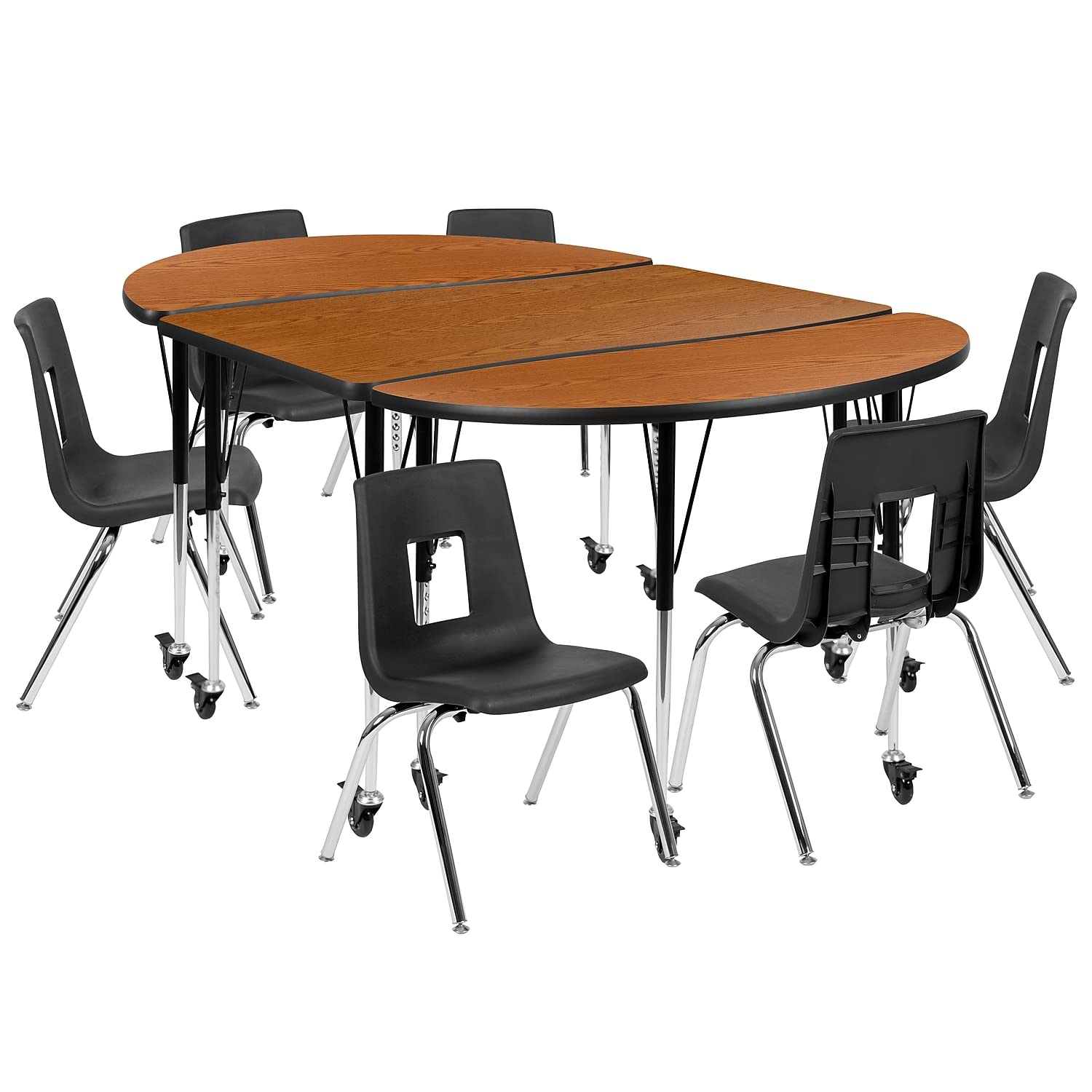 Flash Furniture Emmy Mobile 76&quot; Oval Wave Flexible Laminate Activity Table Set With 16&quot; Student Stack Chairs, Oak/Black