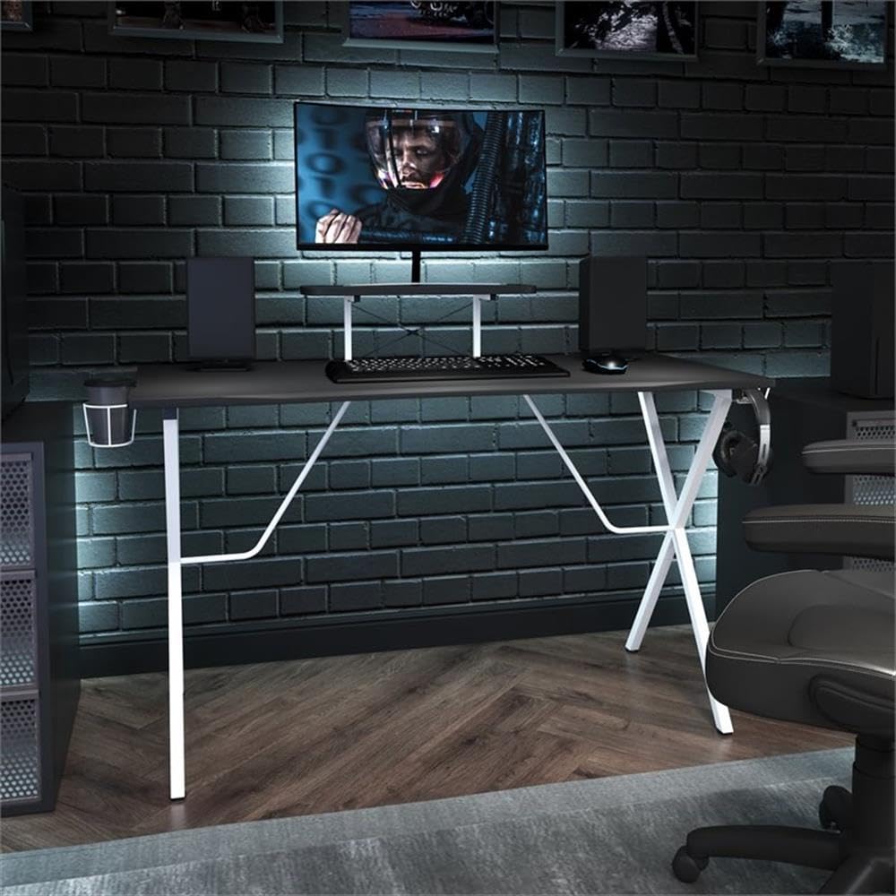 Flash Furniture Mallot Gaming Desk - Black/White Computer Desk - 51.5" Gamers Table with Cup Holder, Headphone Hook, and Monitor/Smartphone Stand