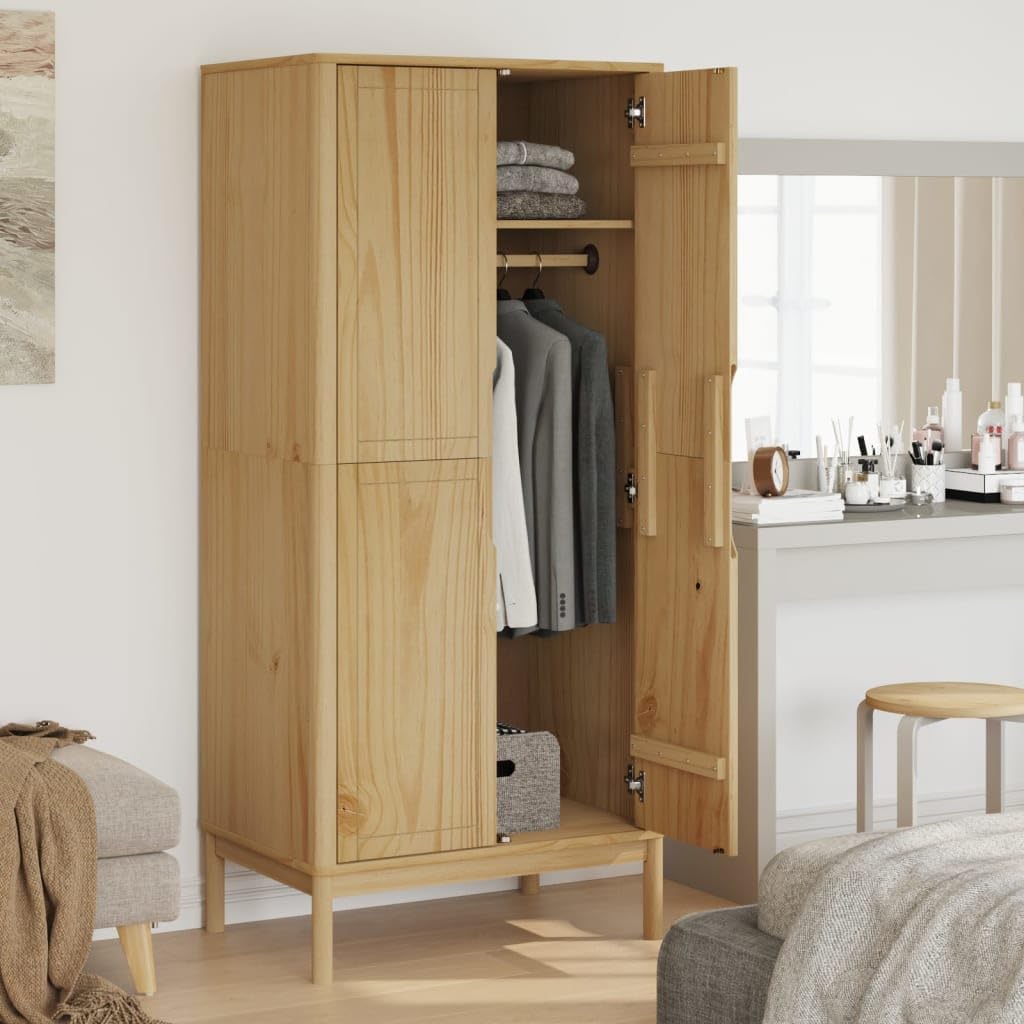 vidaXL Wardrobe FLORO - Solid Pine Wood Wax Brown, 30.3x20.9x67.3 - Ample Storage with Wooden Legs, Bedroom Closet