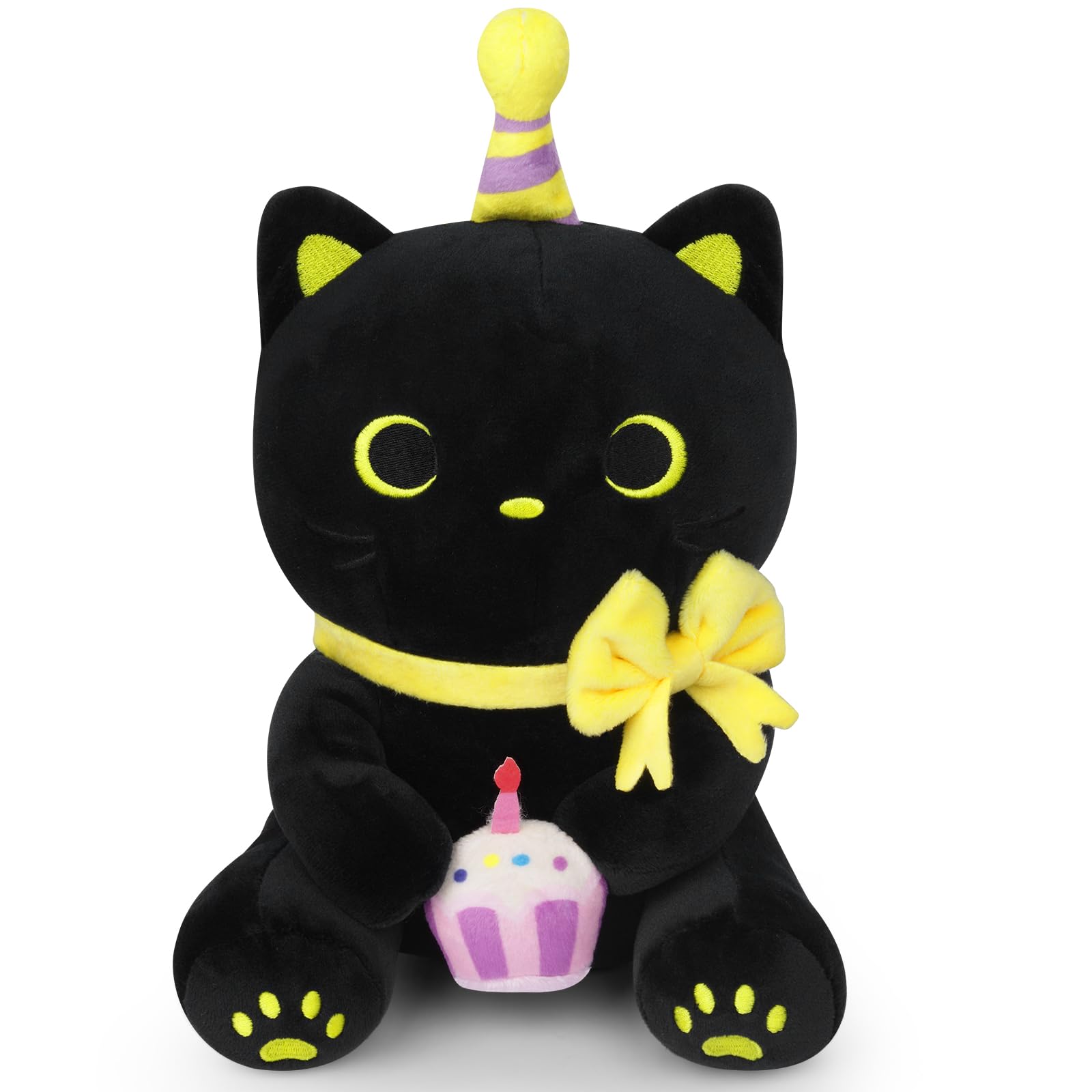 Prewplam Black Cat Plush Toys, 8' Kawaii Cat Stuffed Animal, Cute Happy Birthday Plushies, Valentines Day Birthday Gifts For Ki