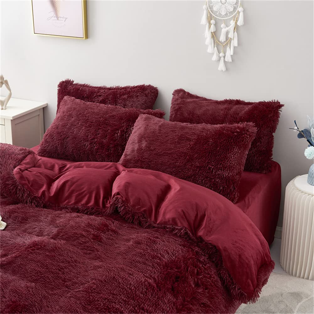 Chovy Faux Fur Plush Wine Red Comforter Sets Twin/Full Size - Ultra Soft Shaggy Flannel Velvet Fluffy Fuzzy 3Pc Bedding Set (Com