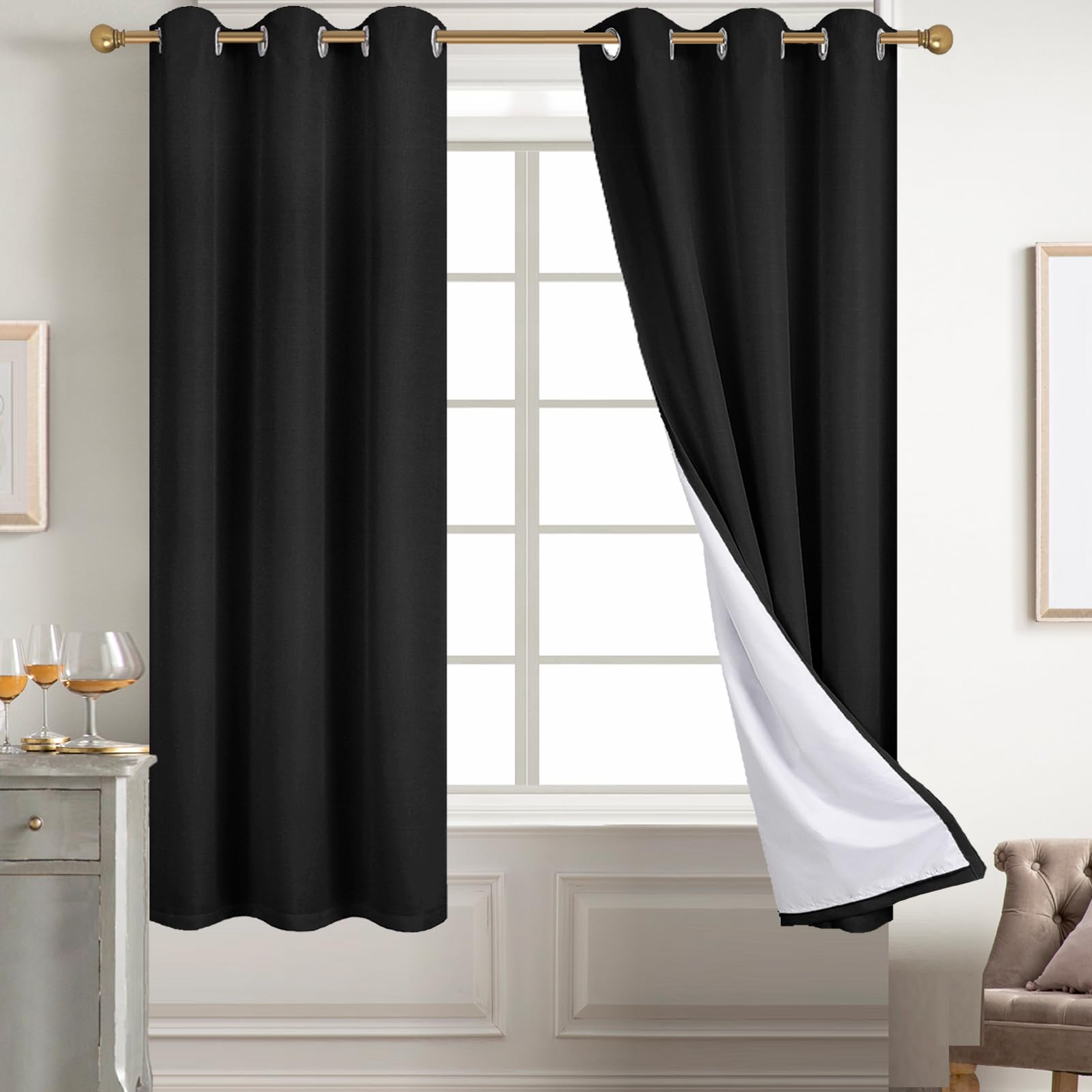 Diraysid 100% Blackout Curtains Black Linen Curtains For Bedroom Grommet Thermal Insulated Room Darkening Drapes (2 Panels, W38