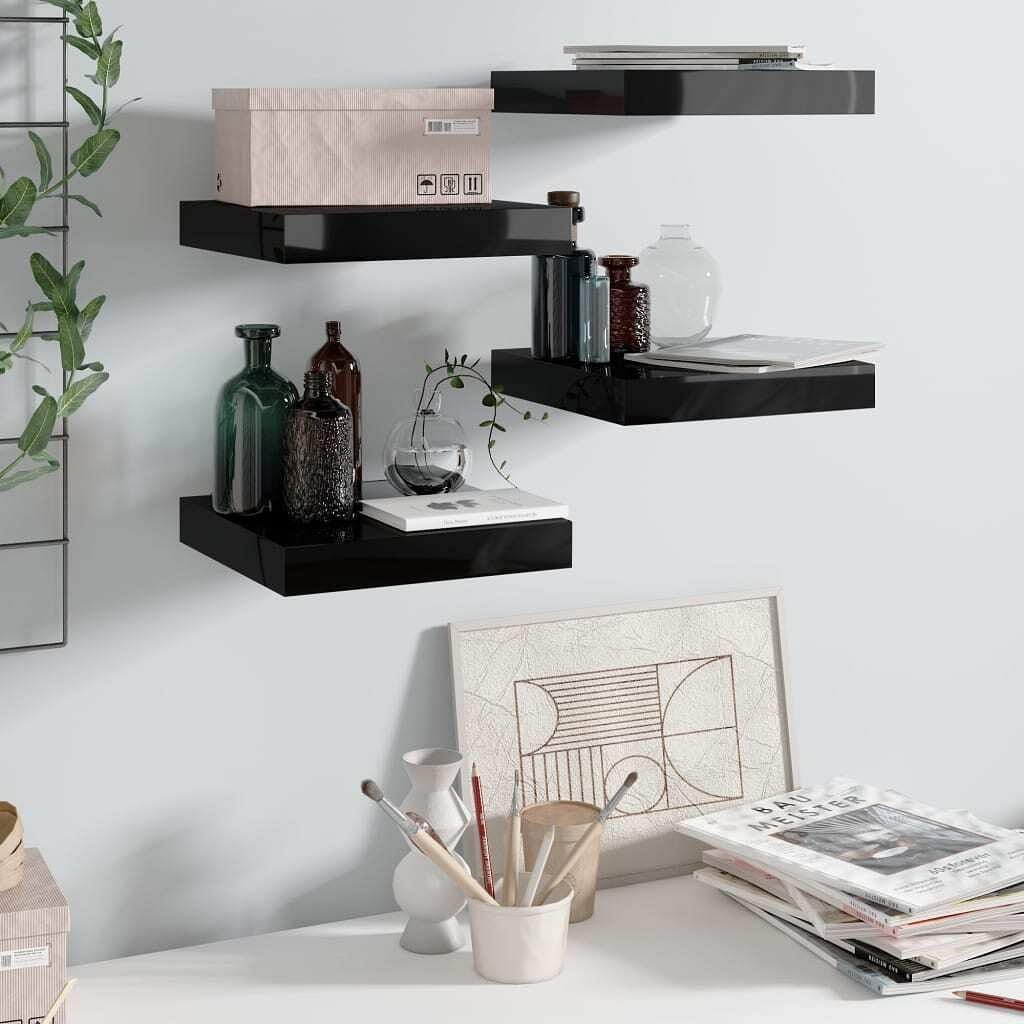 vidaXL Floating Wall Shelves 4 pcs High Gloss Black 9.1&quot;x9.3&quot;x1.5&quot; MDF