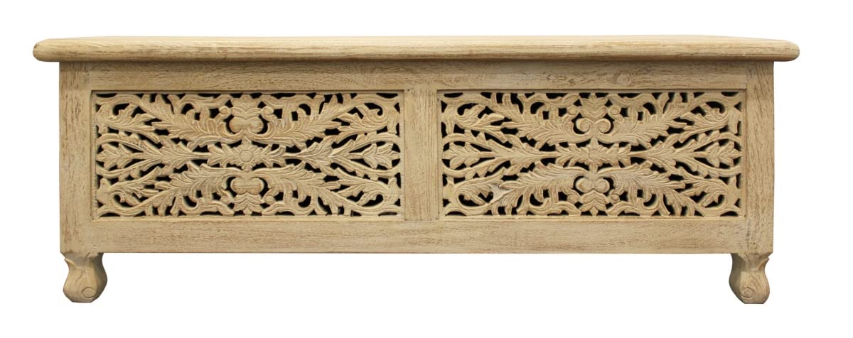 HomeRoots 489210 46 in. Solid Carved Wood Scroll Bench with Flip Top, Antique White, Standard