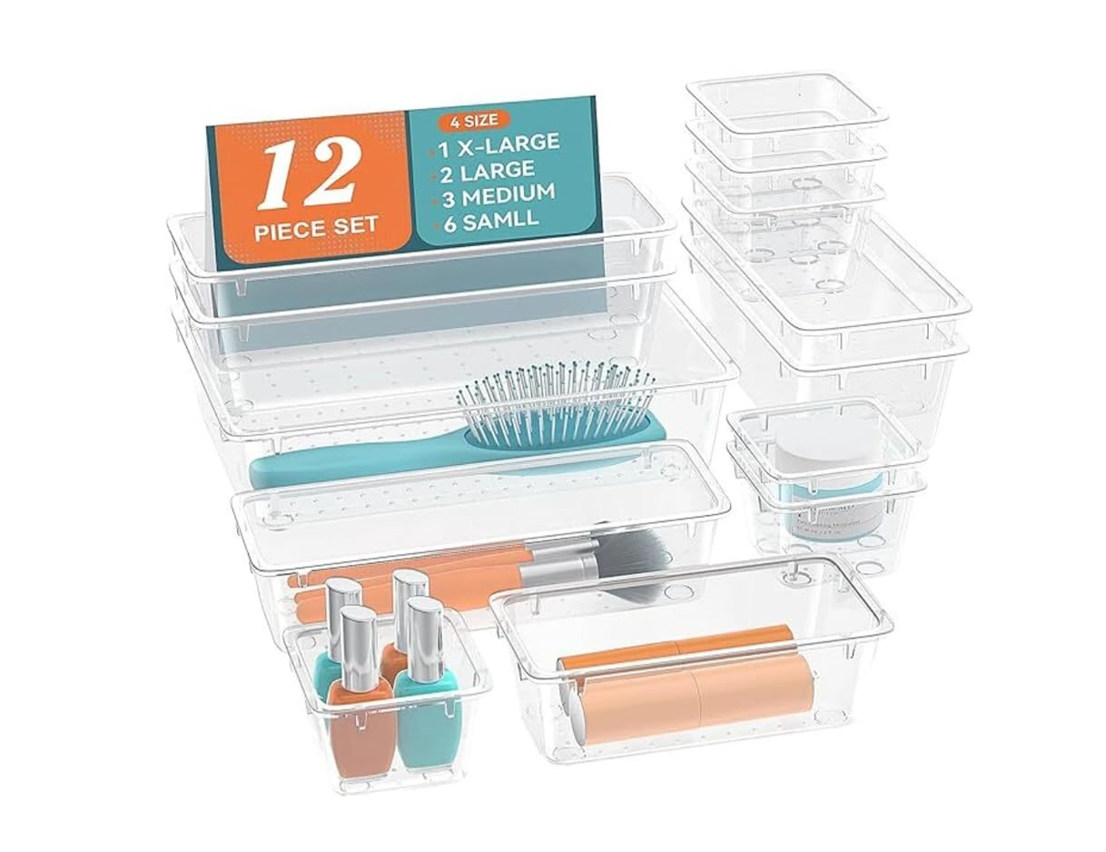 Niebla 12 Compartments Plastic Drawer Organizers/Dressing Table Organizer & Make Up Organizers (Transparent)