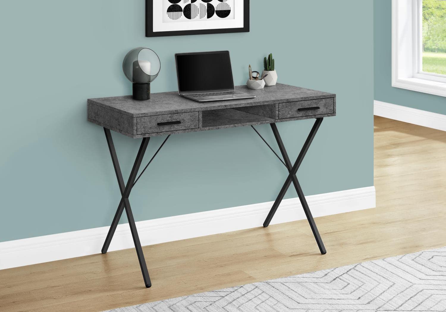 Monarch Specialties 7795 Computer Desk, Home Office, Laptop, Left, Right Set-up, Storage Drawers, Work, Metal, Laminate, Contemporary Desk-42 L Grey Stone-Look Black, 42&quot; L x 20&quot; W x 30&quot; H