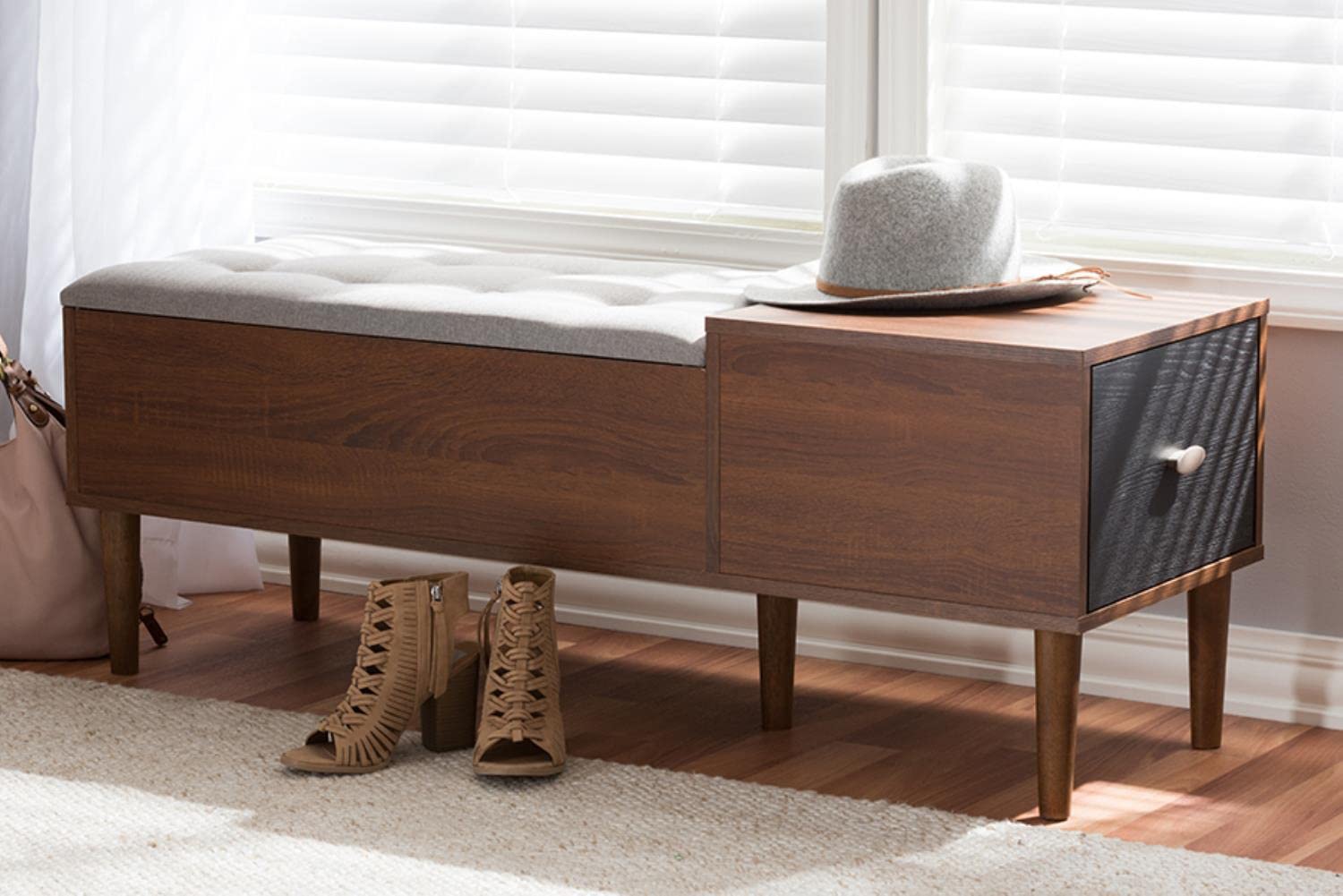 Baxton Studio Merrick Bench Shoe Rack Cabinet Brown//Medium Wood/Mid-Century/Fabric Polyester 100%&quot;/Engineered Wood/Faux Wood Veneer/Powder Coated Vinyl (Legs)/Foam