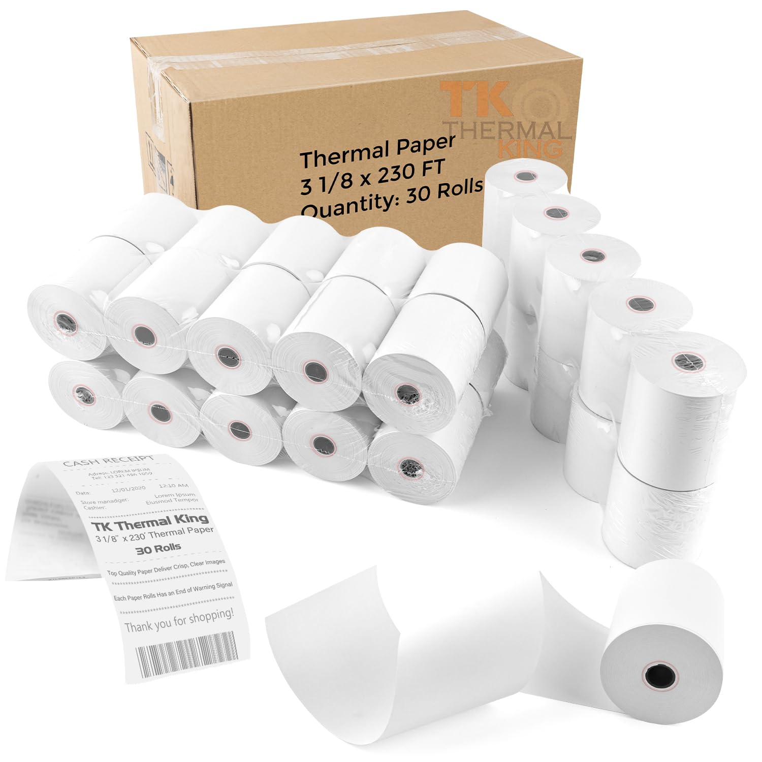 Tk Thermal King (30 Rolls) 3 1/8' 230' Feet White Thermal Paper Cash Register Pos Receipt, Fits All Credit Card Terminal Great