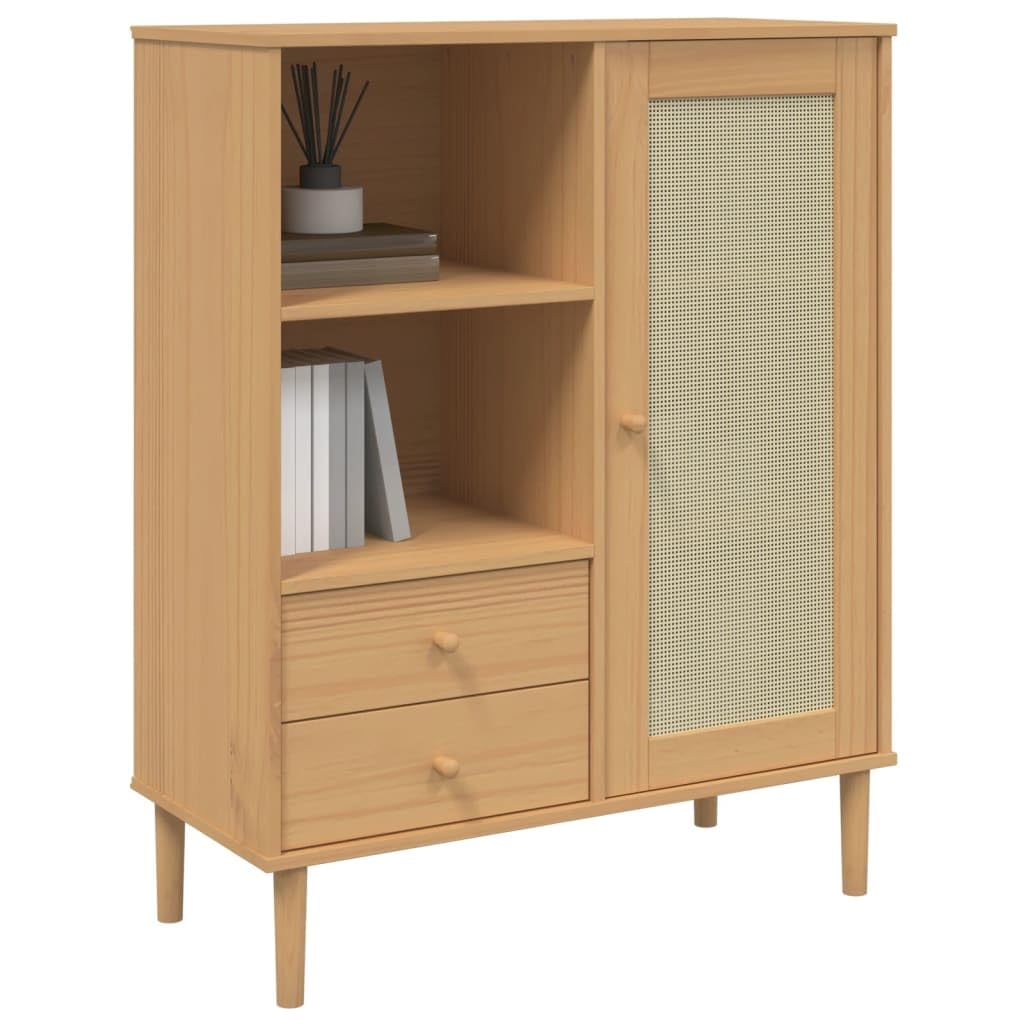 vidaXL Solid Wood Pine SENJA Highboard - Storage Cabinet with Drawers and Compartments - Brown Rattan Look - 35.4&quot;x15.7&quot;x44.1&quot;