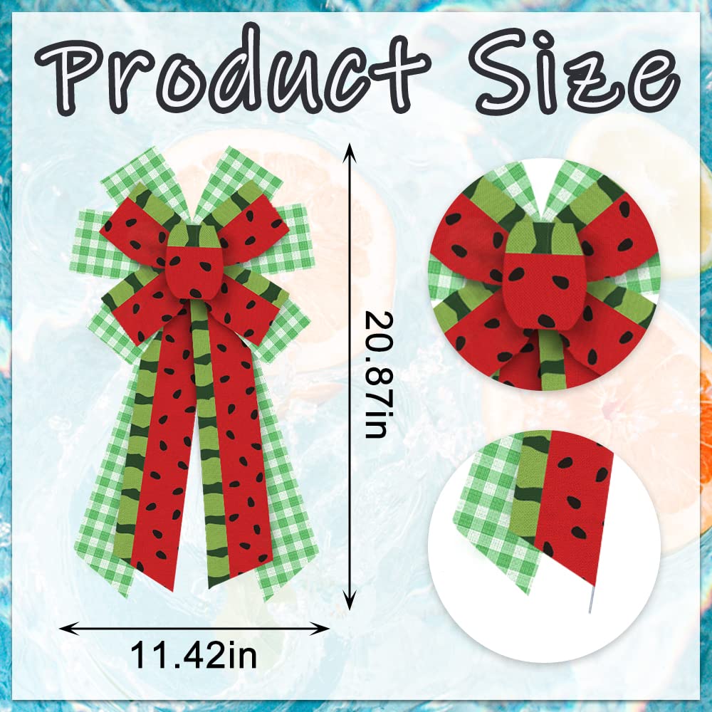Large Summer Wreath Bows Summer Watermelon Green White Plaid Burlap Bows For Wreath, Summer Fruits Melon Ribbon Bows Tree Topper
