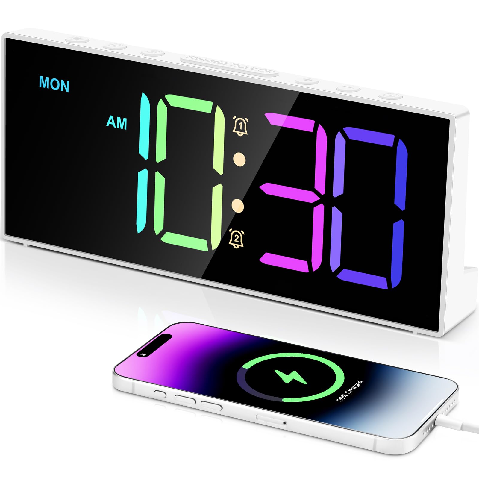 Alarm Clock with Large Display Big Numbers,5 Levels Brightness,Snooze,USB Charging Port,LED and Mirror Desk Clock,Dual Alarms Mo