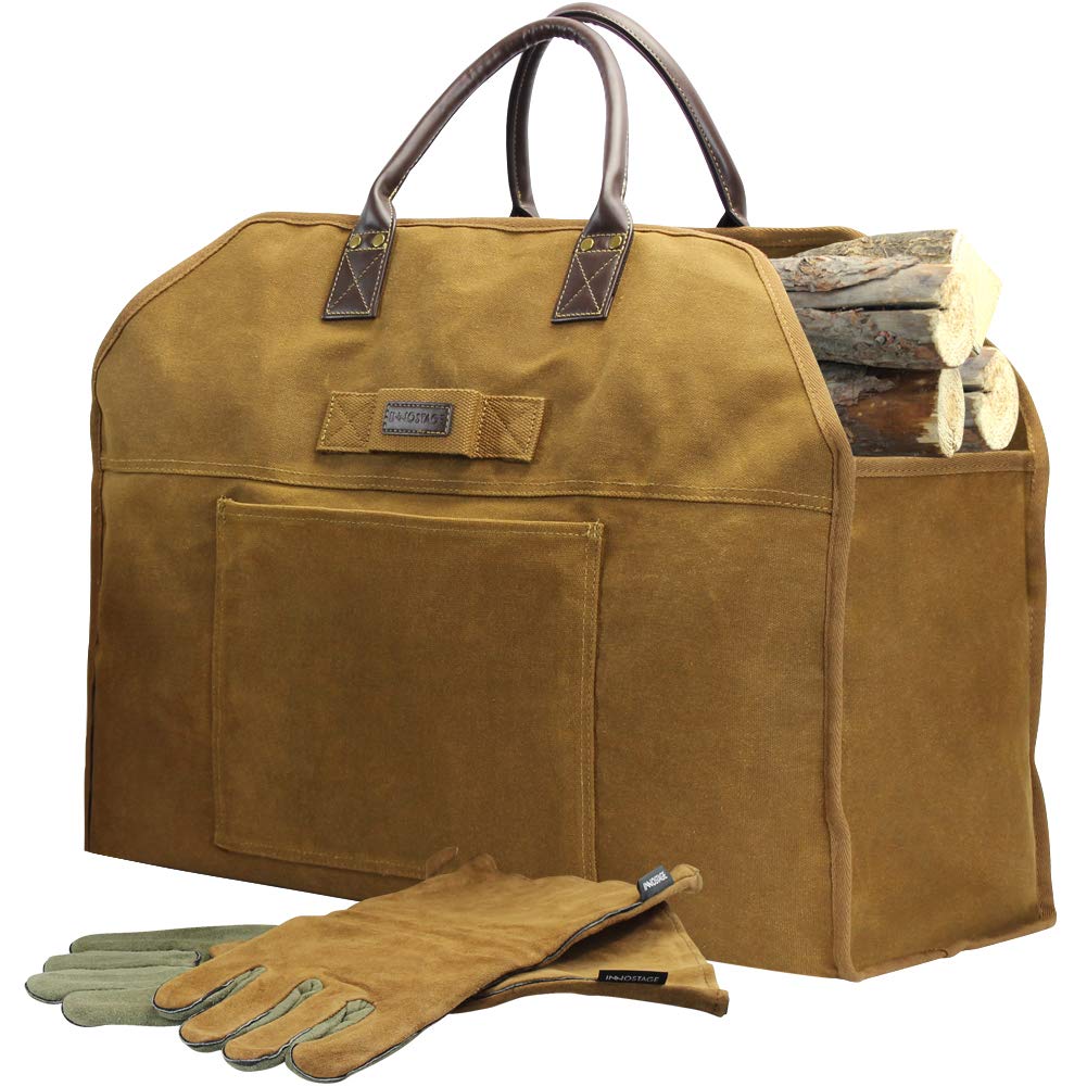 INNO STAGE Firewood Log Carrier Bag Waxed Canvas Tote Holder with Fireplace Pure Leather Gloves for Hay Hauling Outdoor Camping,