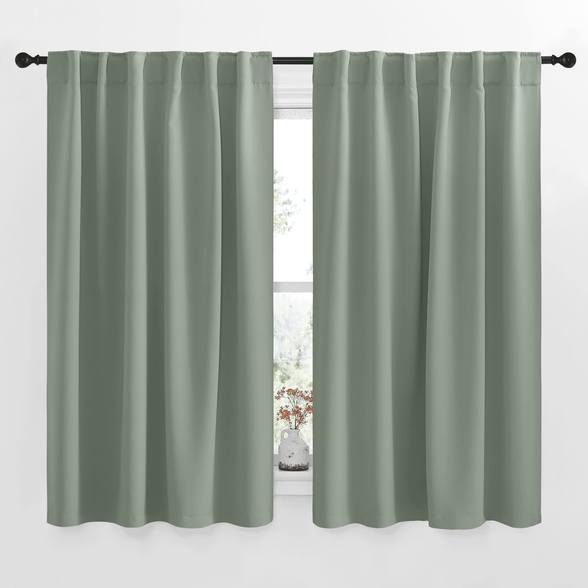 Nicetown Window Treatment Curtains Room Darkening Drapes - (Greyish Green Color) 52 Width X 63 Drop Each Panel, 2 Panels Set, Curtains And Draperies For Kitchen