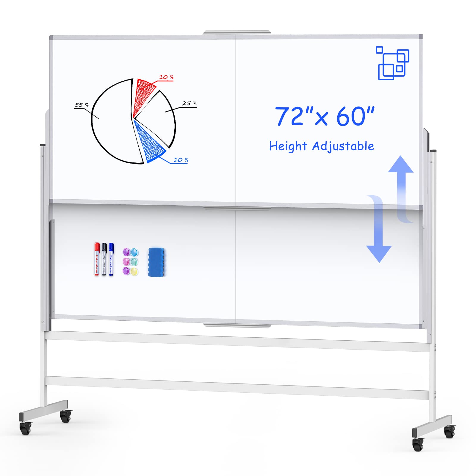 Dry Erase Whiteboard Height Adjustable, 72X60 Inches Large Standing Easel White Board On Wheels, Mobile Magnetic Rolling White B