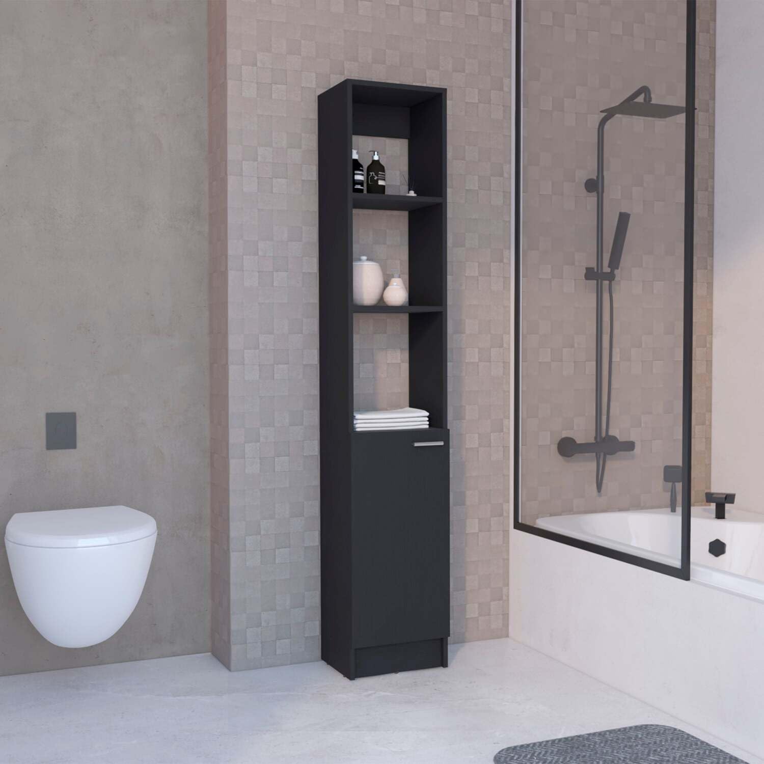 DEPOT E-SHOP Cabinet - Parks Linen, 1 Door, 6 Shelves, Black, Bathroom, Bedroom, Home Office, 70.87x13.03x10.43 inches