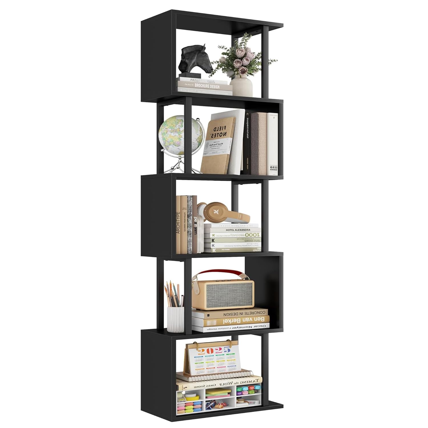 Gadroad 5-Tier Bookshelf, Tall S-Shaped Geometric Bookcase, Wood And Metal Decorative Storage Shelving, Modern Freestanding Disp