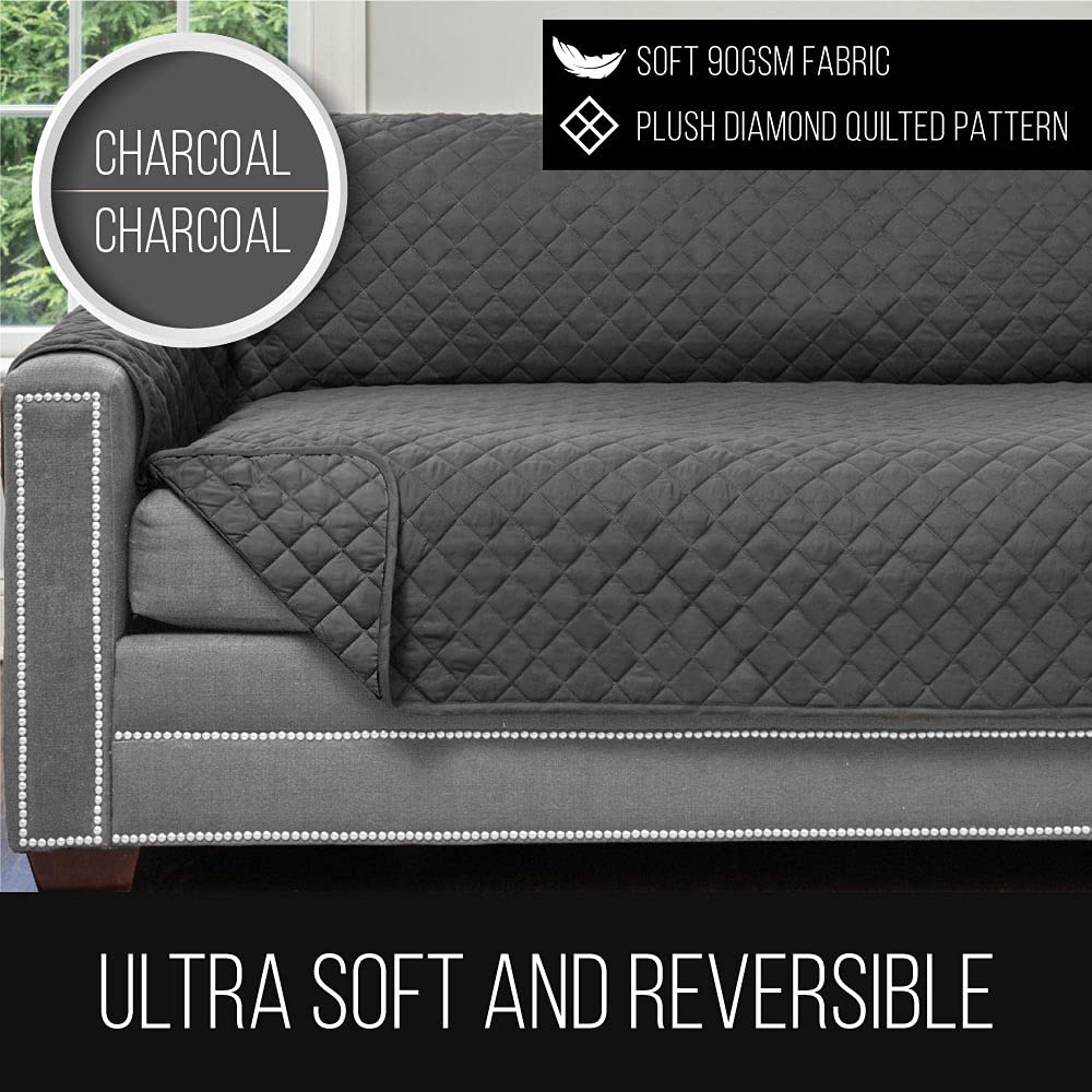 Sofa Shield Patented Chair Slip Cover, Large Cushion Protector, Reversible Stain And Dog Tear Resistant Slipcover, Quilted Microfiber 48” Seat, Washable Covers For Dogs Pets Kids, Charcoal