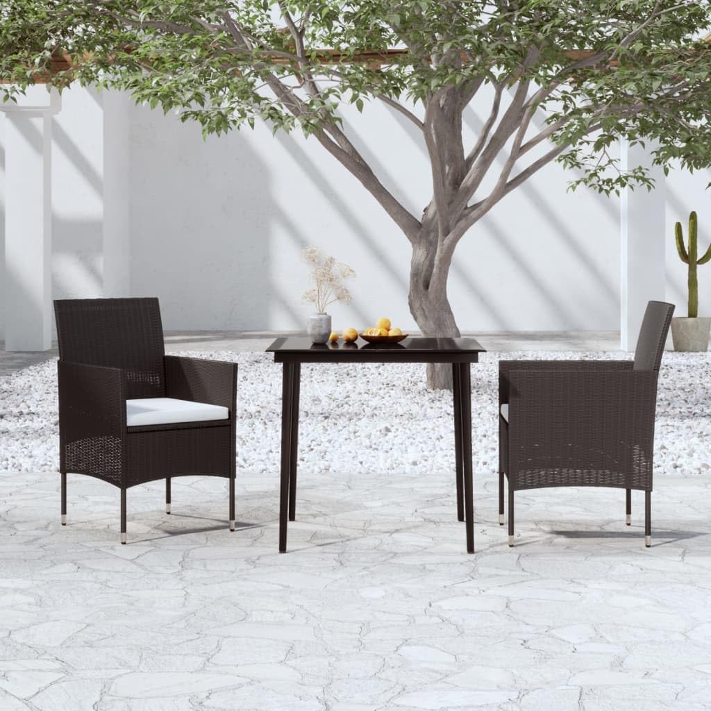 vidaXL 3-Piece Outdoor Dining Set with Cushions, Black - PE Rattan Furniture with Powder-Coated Steel Frame, Glass Tabletop for Patio, Deck, Garden, Balcony, Backyard