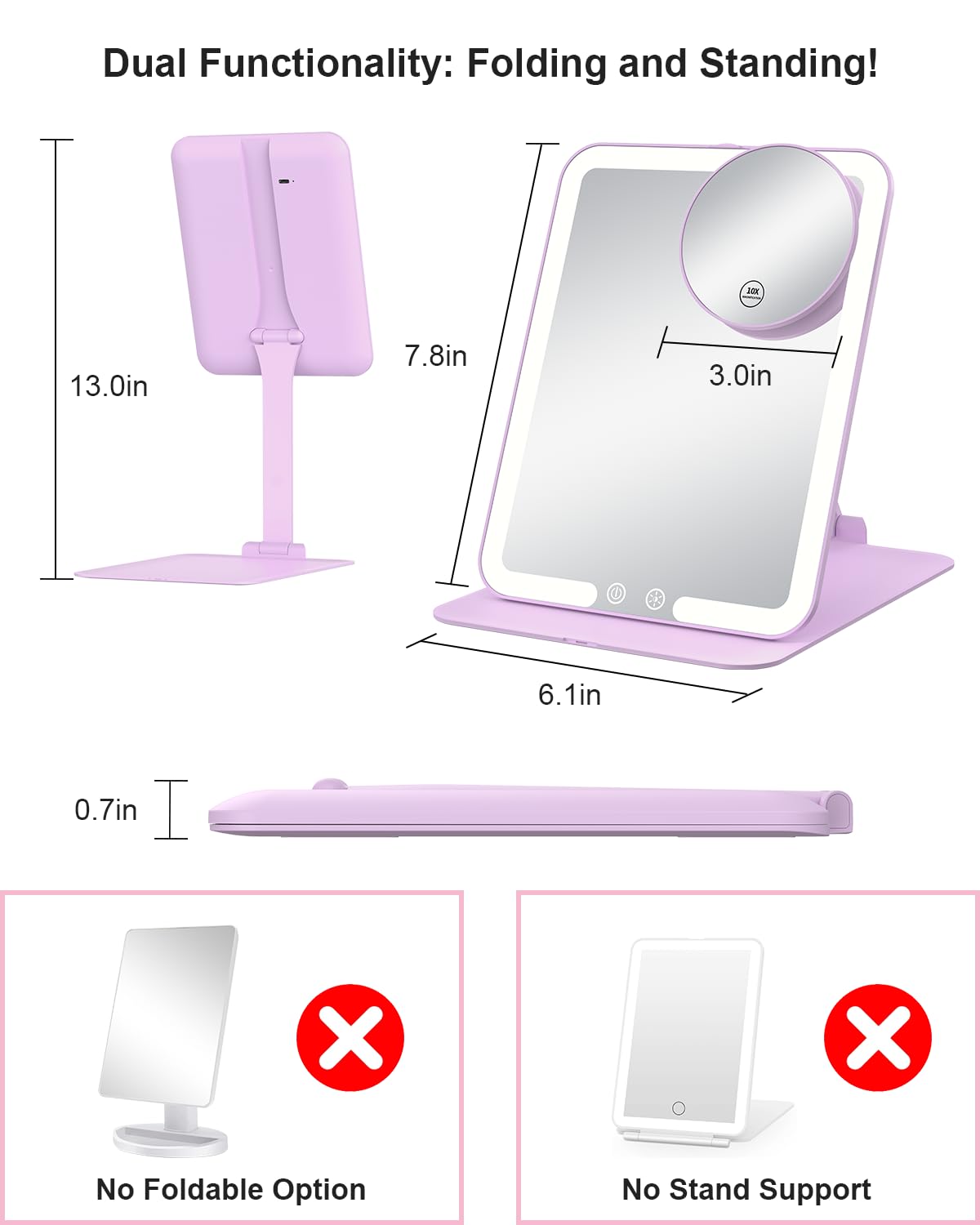 Gospire Travel Makeup Mirror With Lights And Magnification 10X, Portable Make Up Compact Tabletop Mirror With Adjustable Stand,