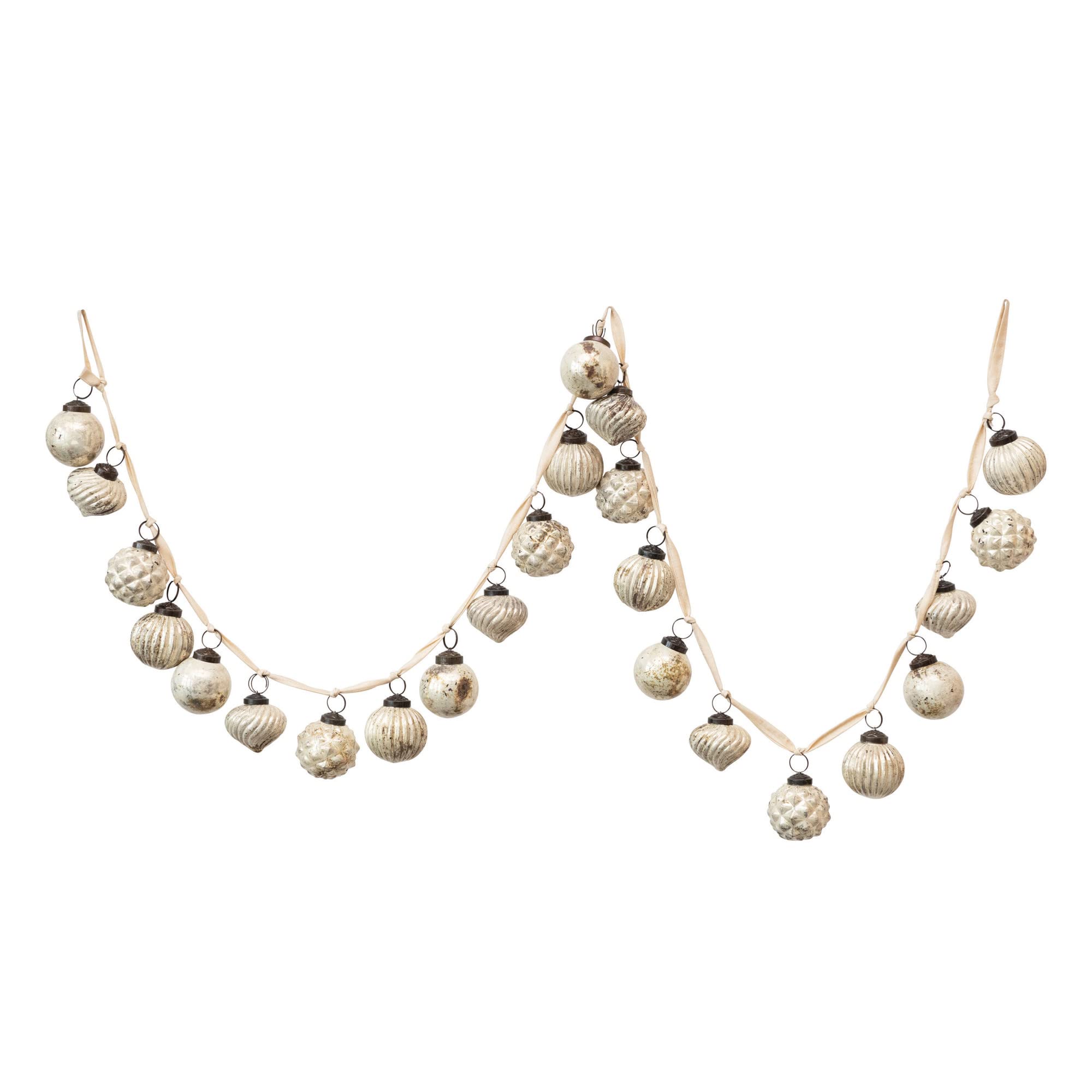 Creative Co-Op Embossed Mercury Glass Ball Ornament Garland, Distressed Matte Cream