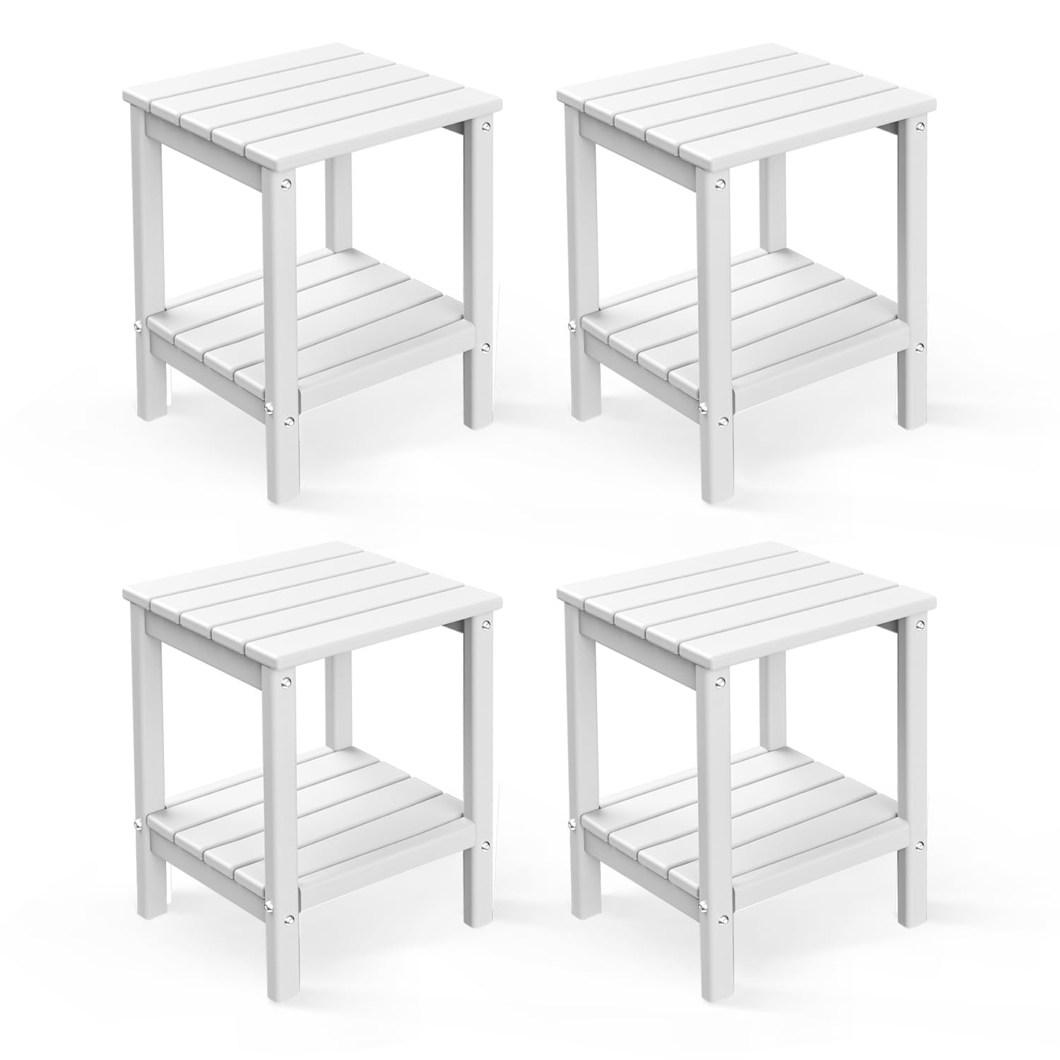 Greenvines Adirondack-Outdoor-Side-Table | Set Of 4 | 14 X 13 Inches | Hdpe Plastic | All Weather | White | Outside End Tables | Storage Shelf | For Patio Porch Backyard Indoor
