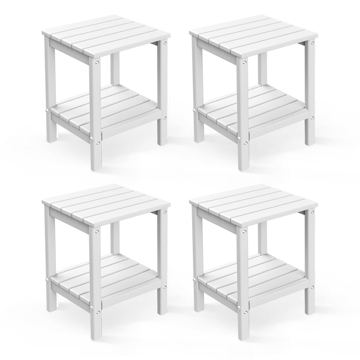 Greenvines Adirondack-Outdoor-Side-Table | Set Of 4 | 14 X 13 Inches | Hdpe Plastic | All Weather | White | Outside End Tables | Storage Shelf | For Patio Porch Backyard Indoor