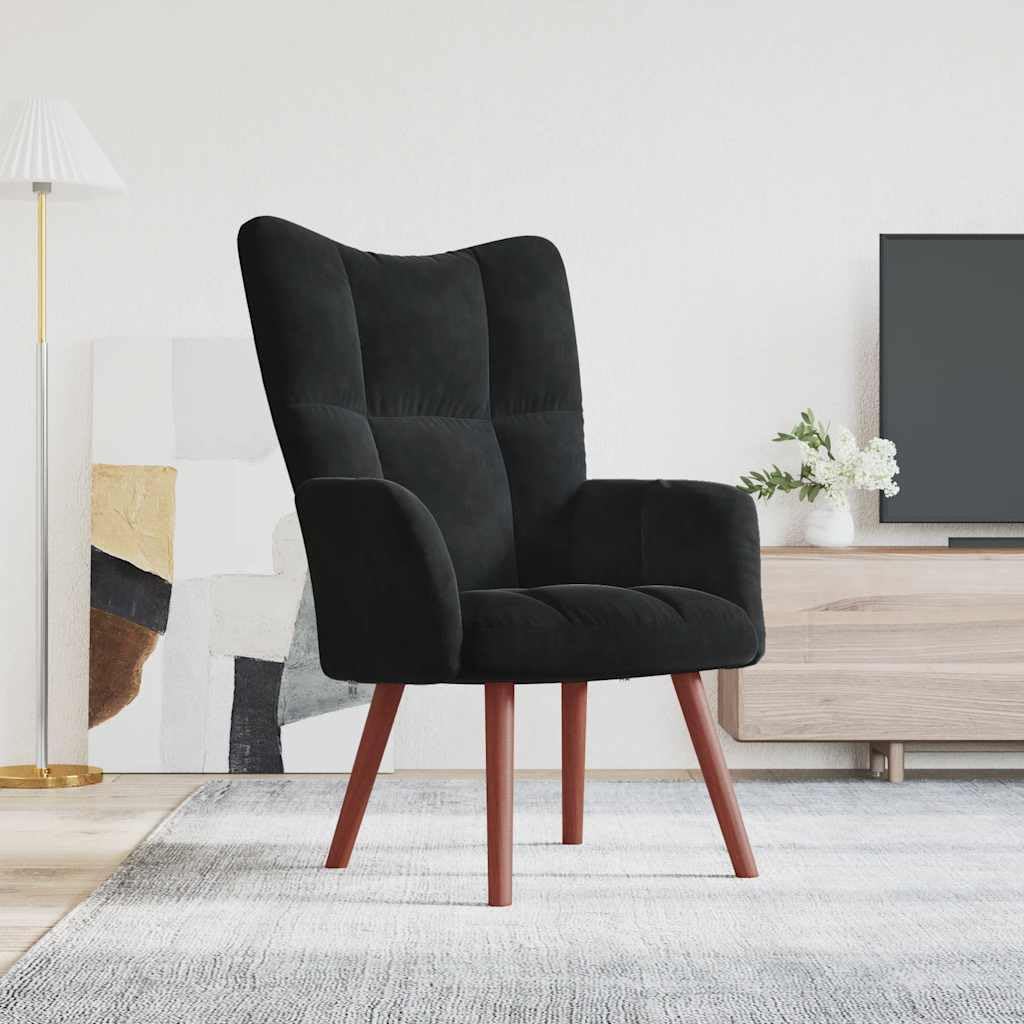 vidaXL Black Velvet Relaxing Chair – Soft Touch Velvet Upholstered Armchair with Steel Frame & Wooden Legs for Living Room, Office, Lounge