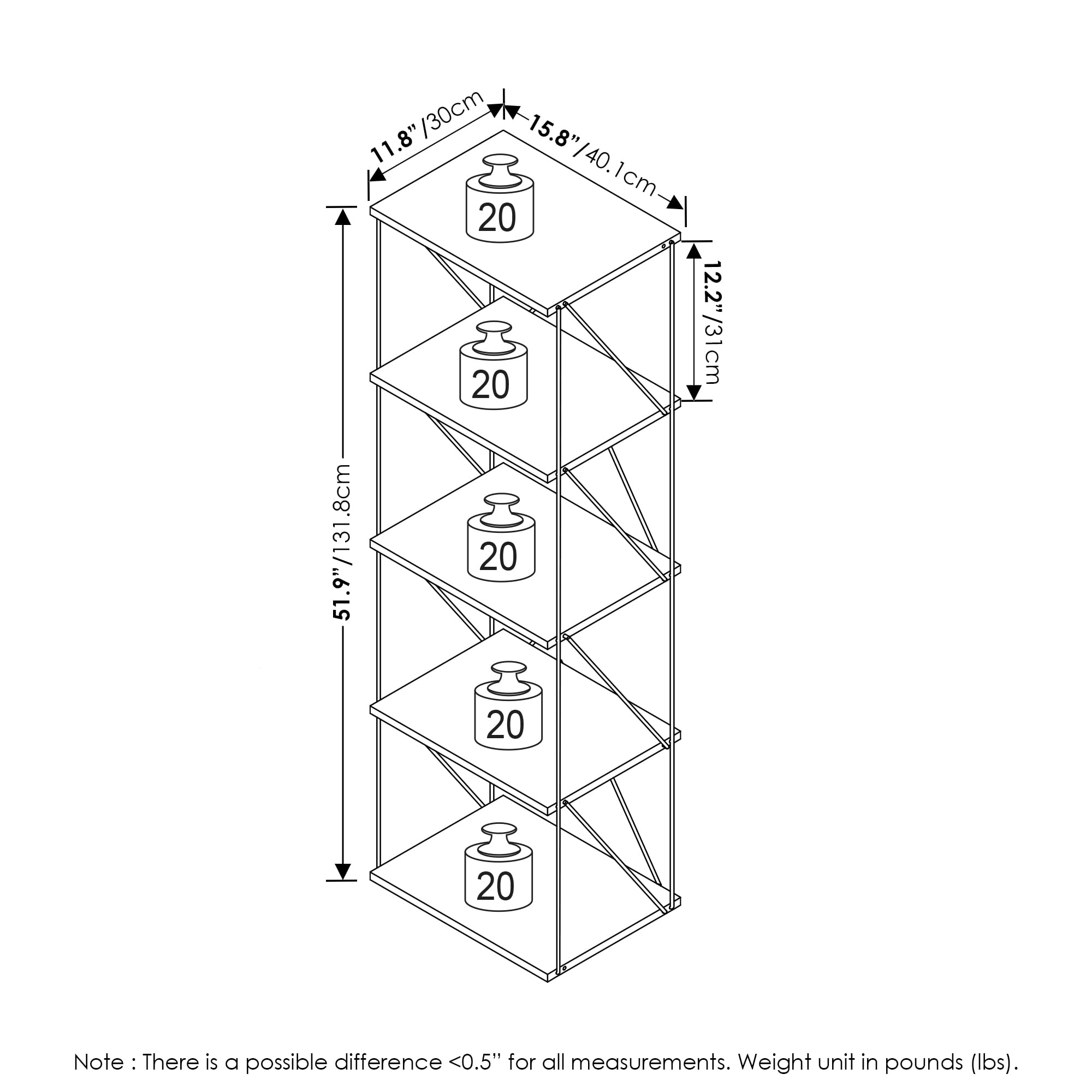 Furinno Rata 5-Tier Industrial Multipurpose Flat Base Shelf Display Rack with Metal Frame, Narrow, Columbia Walnut