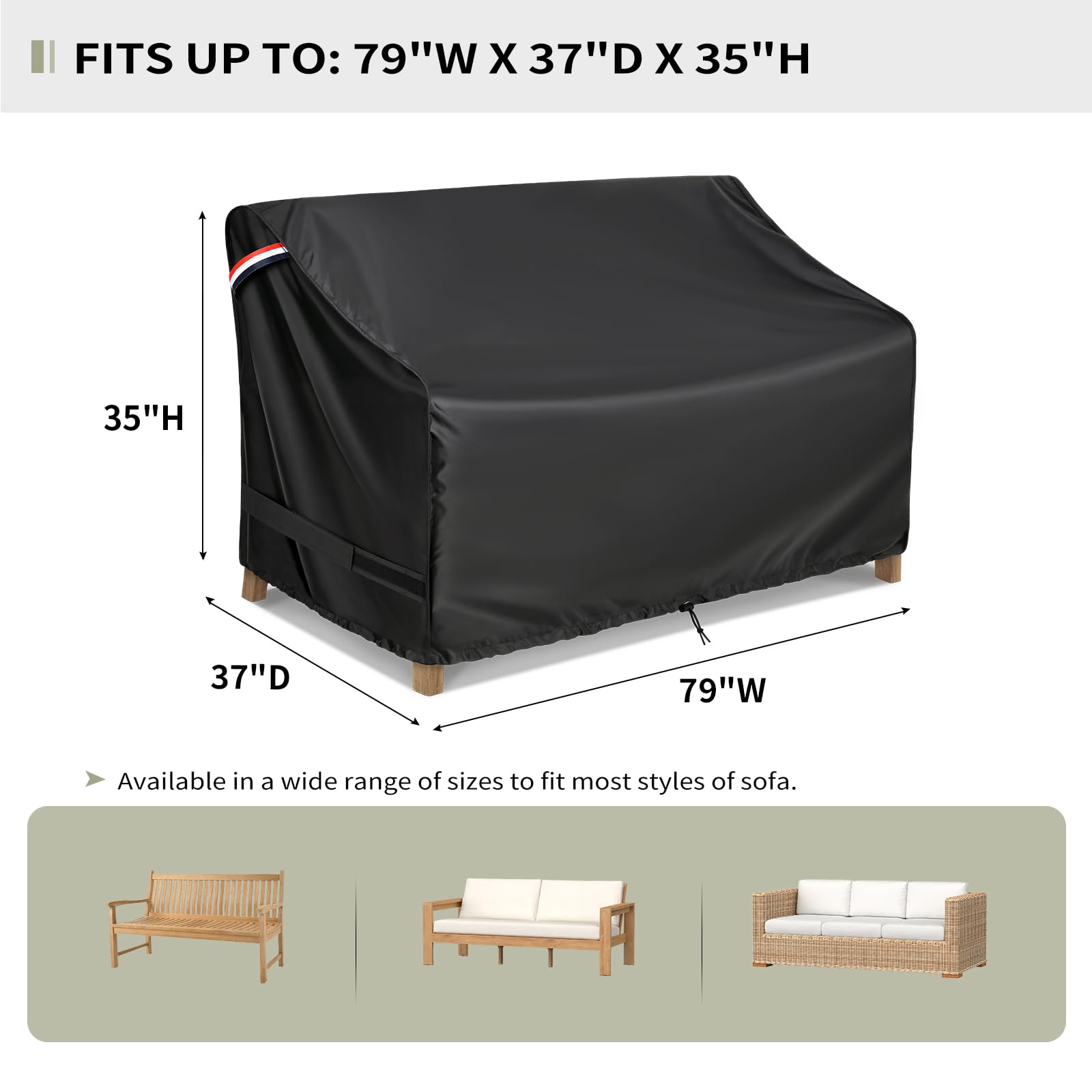 Kylinlucky Patio Furniture Sofa Covers 79W X 37D X 35H Inches,3-Seater Outdoor Waterproof Couch Loveseat Bench Cover Black