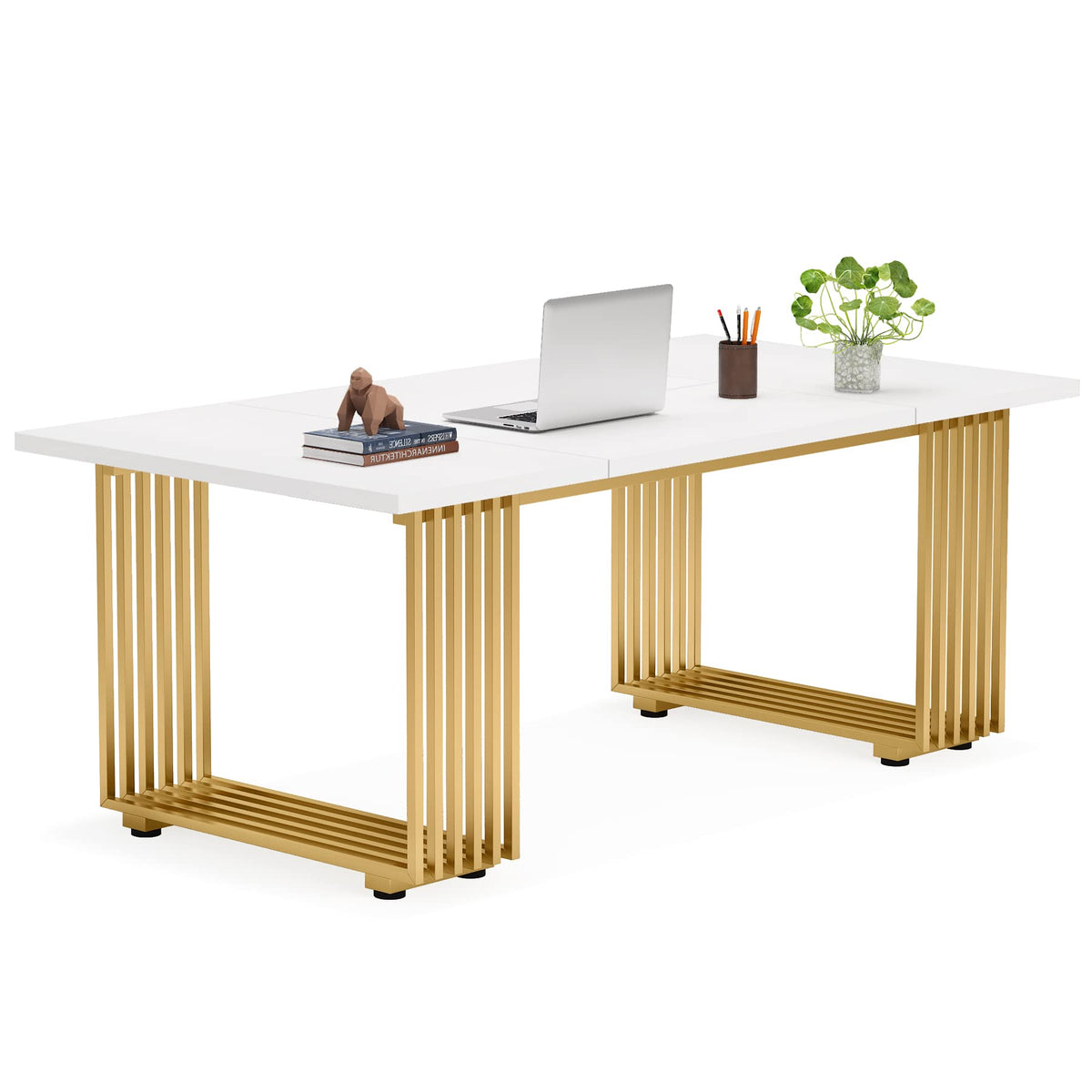 Little Tree 70.9' White Office Desk, Modern Executive Desk With Gold Metal Legs, Large Home Office Desks, Wood Computer Desk, Business Furniture