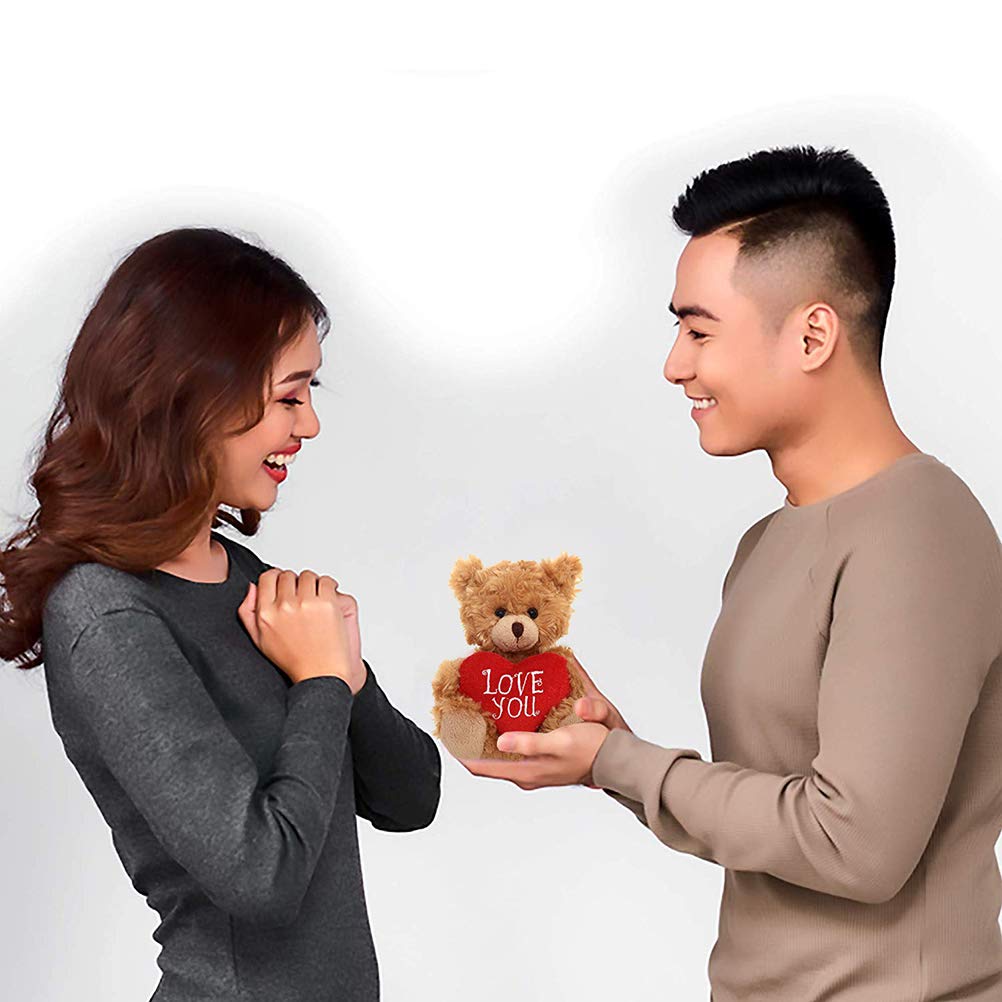 Plushland Stuffed Mocha Heart Bear - Plush Bear Toy For Kids & Adults - Embroidered Heart Pillow - Brown-6 Inches (Colorful Hear