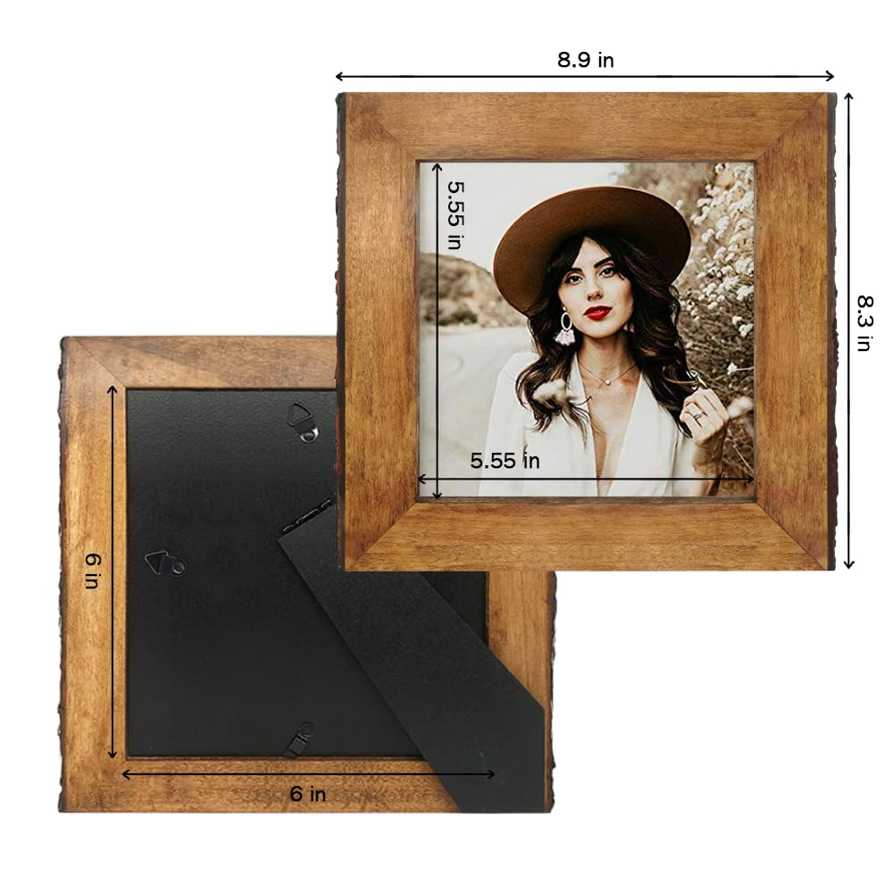 Ikeree 6X6 Rustic Picture Frames With Natural Bark Edges, Brown Wood Photo Frame For Tabletop Or Wall Mounting Display