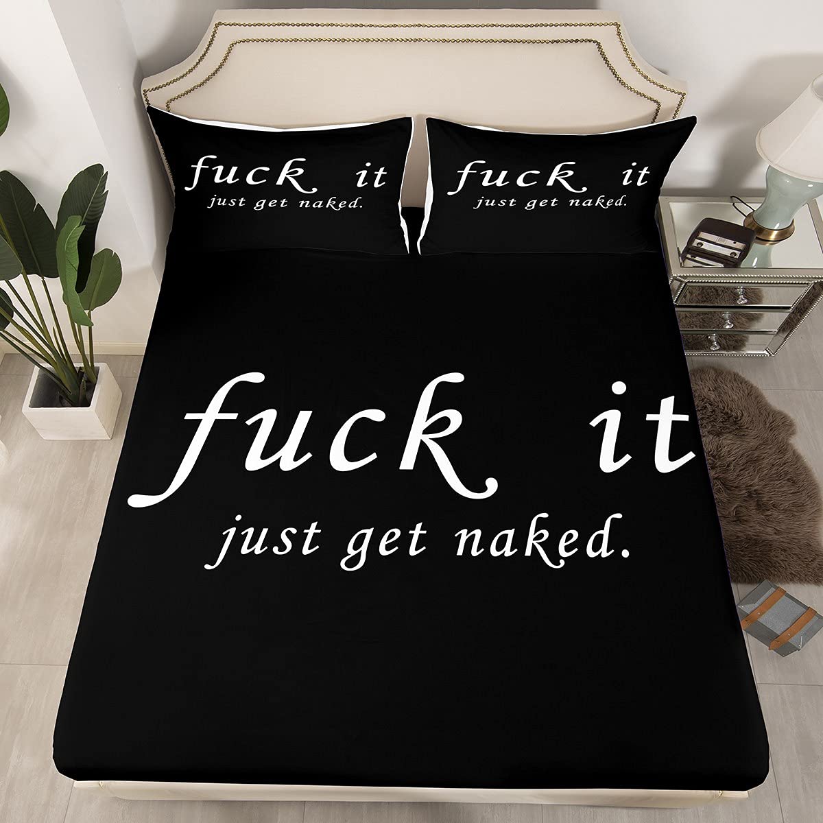 Funny Quotes Fitted Sheet & Pillow Sham Set Get Naked Bedding Set For Couple Lover Men Women Romantic Bed Sheet Set Black And Wh