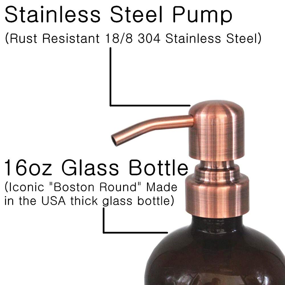2 Pack Thick Amber Glass Pint Jar Soap Dispenser With Copper Stainless Steel Pump, 16Ounce Boston Round Bottles Dispenser With R