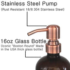 2 Pack Thick Amber Glass Pint Jar Soap Dispenser With Copper Stainless Steel Pump, 16Ounce Boston Round Bottles Dispenser With R